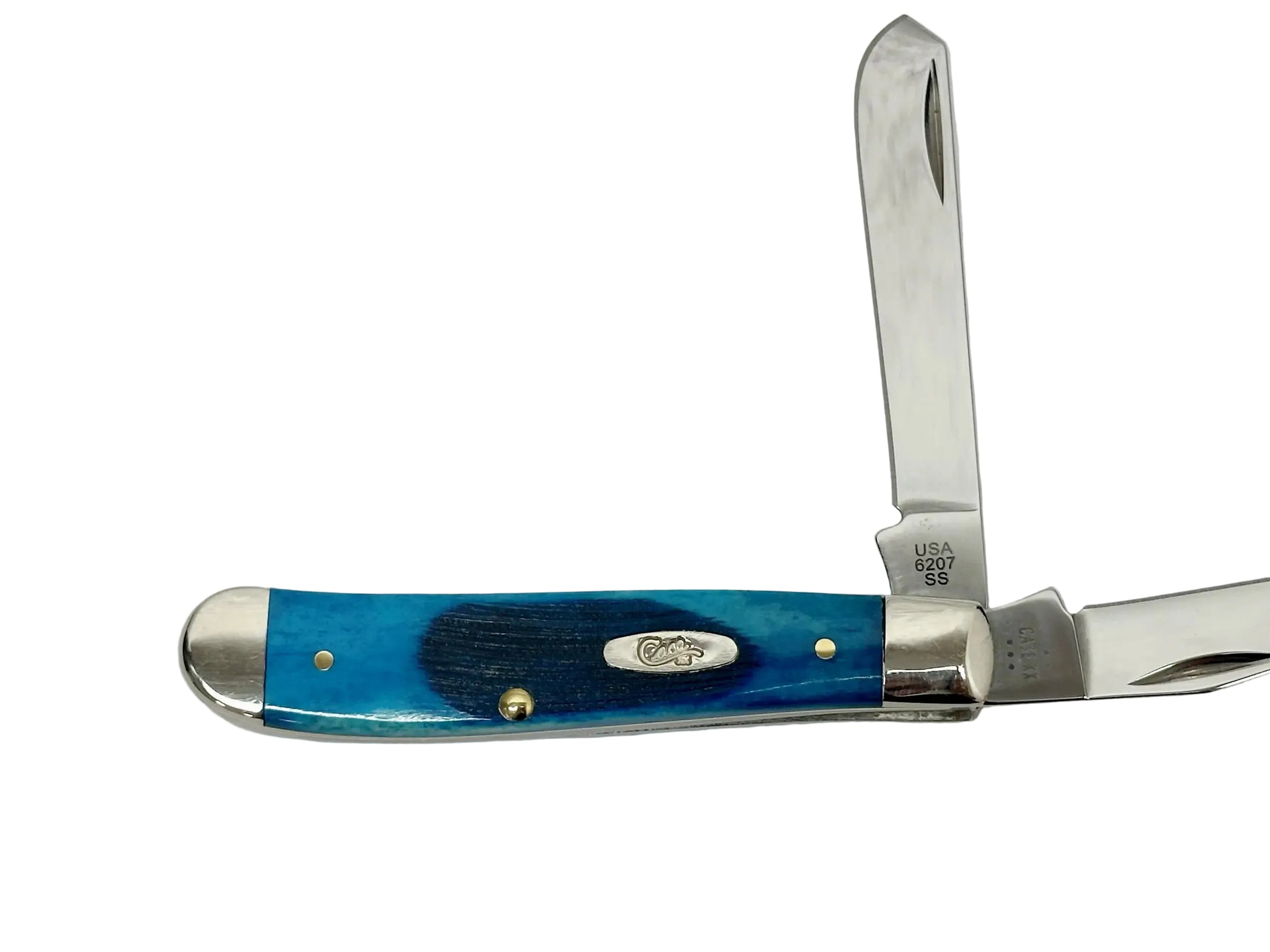 2025 Case XX 6207 Caribbean Blue Bone Sawcut Jig Mini Trapper Pocket Knife - Hers and His Treasures