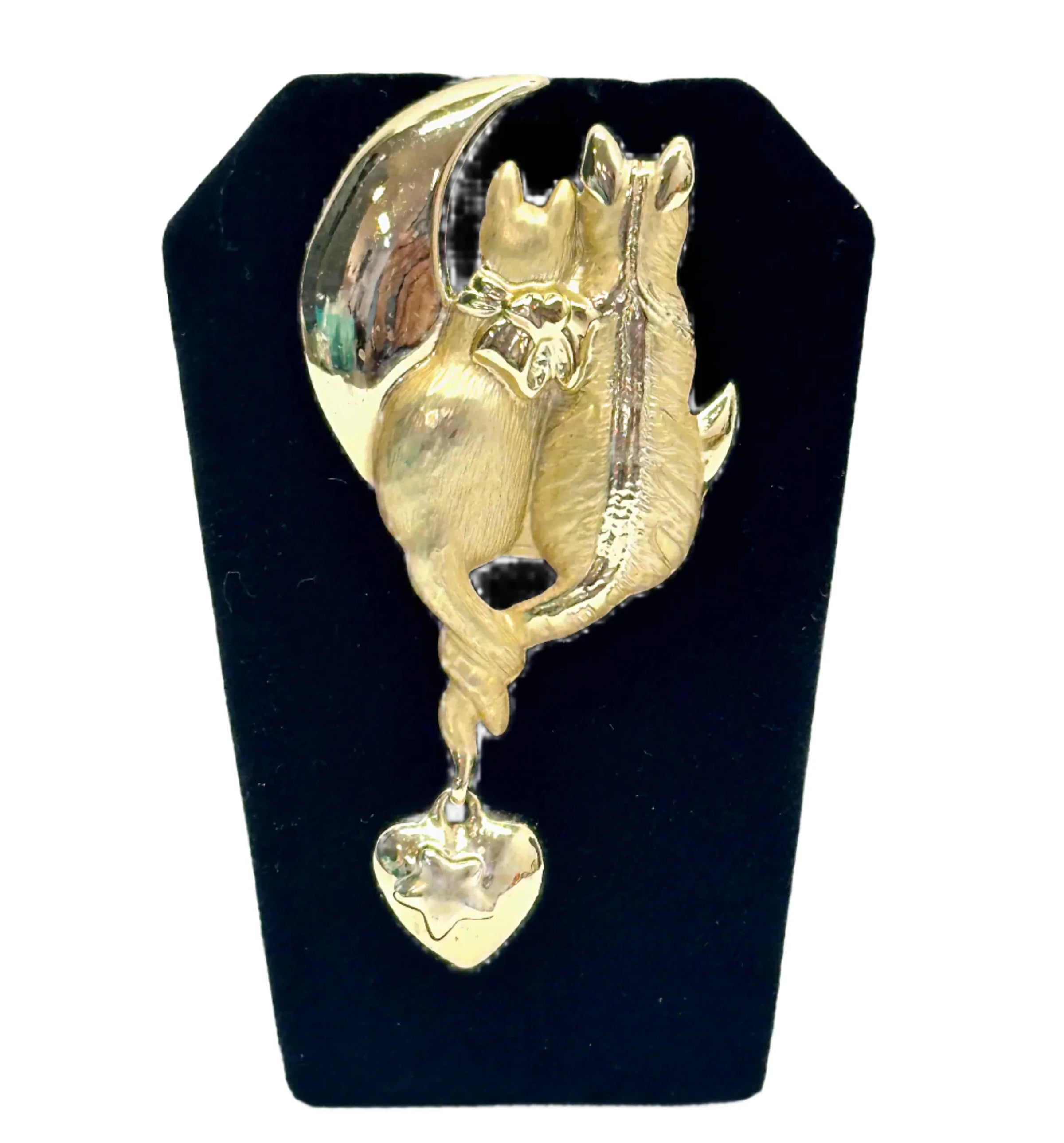 AJC Cattails Cats on the Moon with Dangling Heart Brooch Pin - Hers and His Treasures
