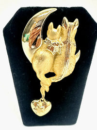 AJC Cattails Cats on the Moon with Dangling Heart Brooch Pin - Hers and His Treasures