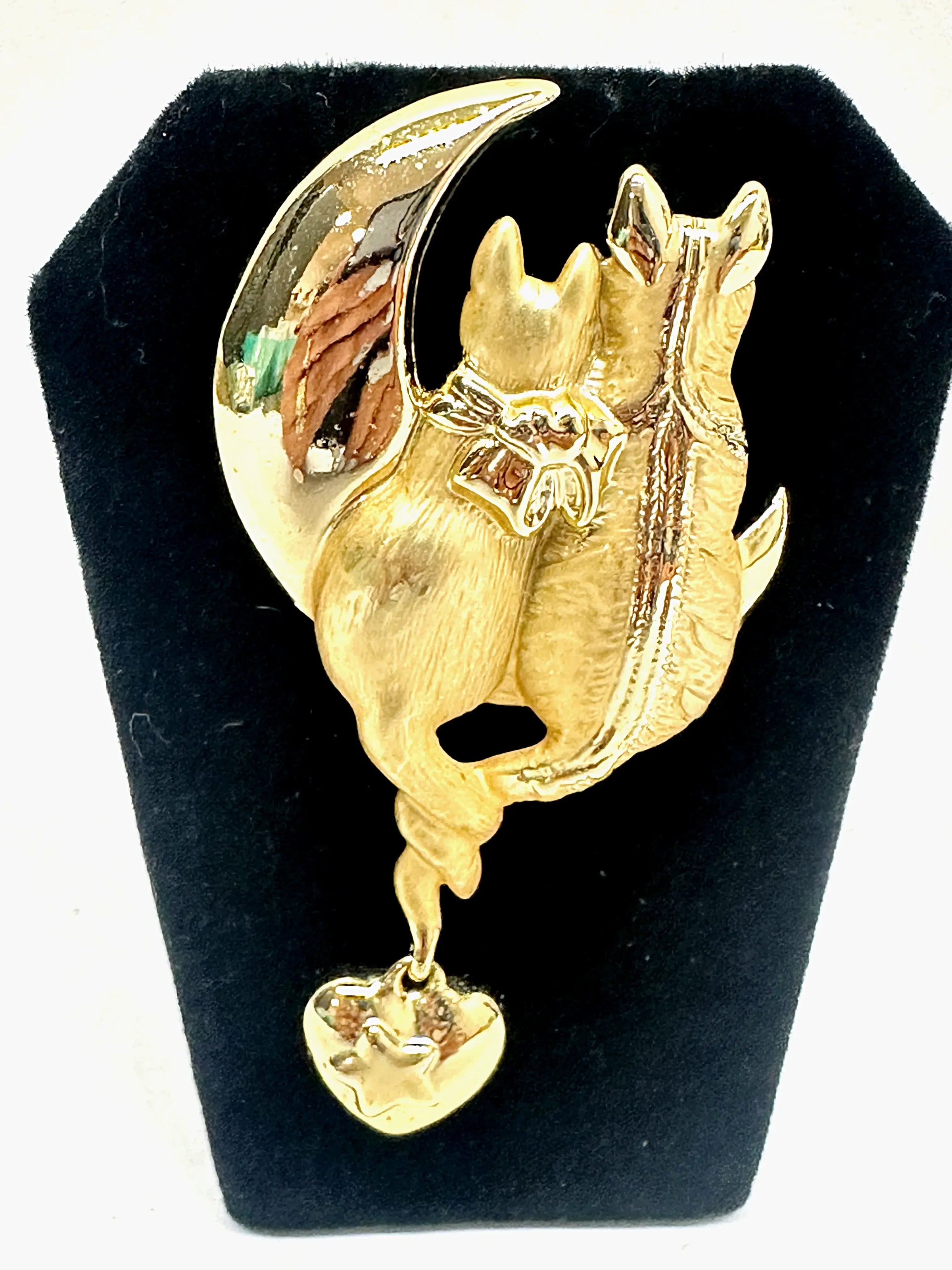 AJC Cattails Cats on the Moon with Dangling Heart Brooch Pin - Hers and His Treasures
