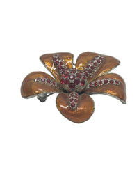 1980's Alfred Sung Orange Enamel Flower Rhinestone Brooch Pin | Canada - Hers and His Treasures