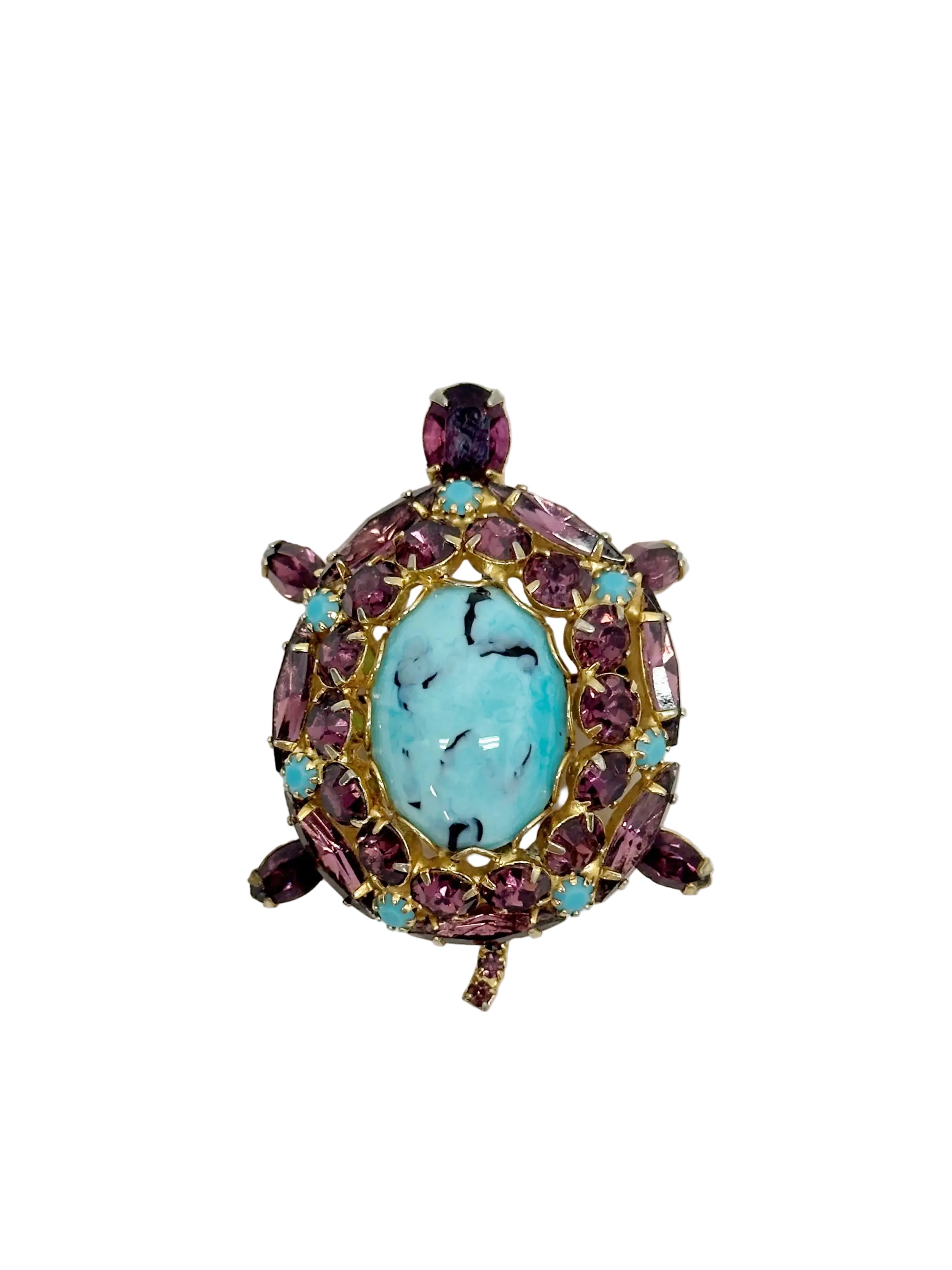 Alice Caviness Purple Rhinestone Faux Turquoise Turtle Brooch - Hers and His Treasures