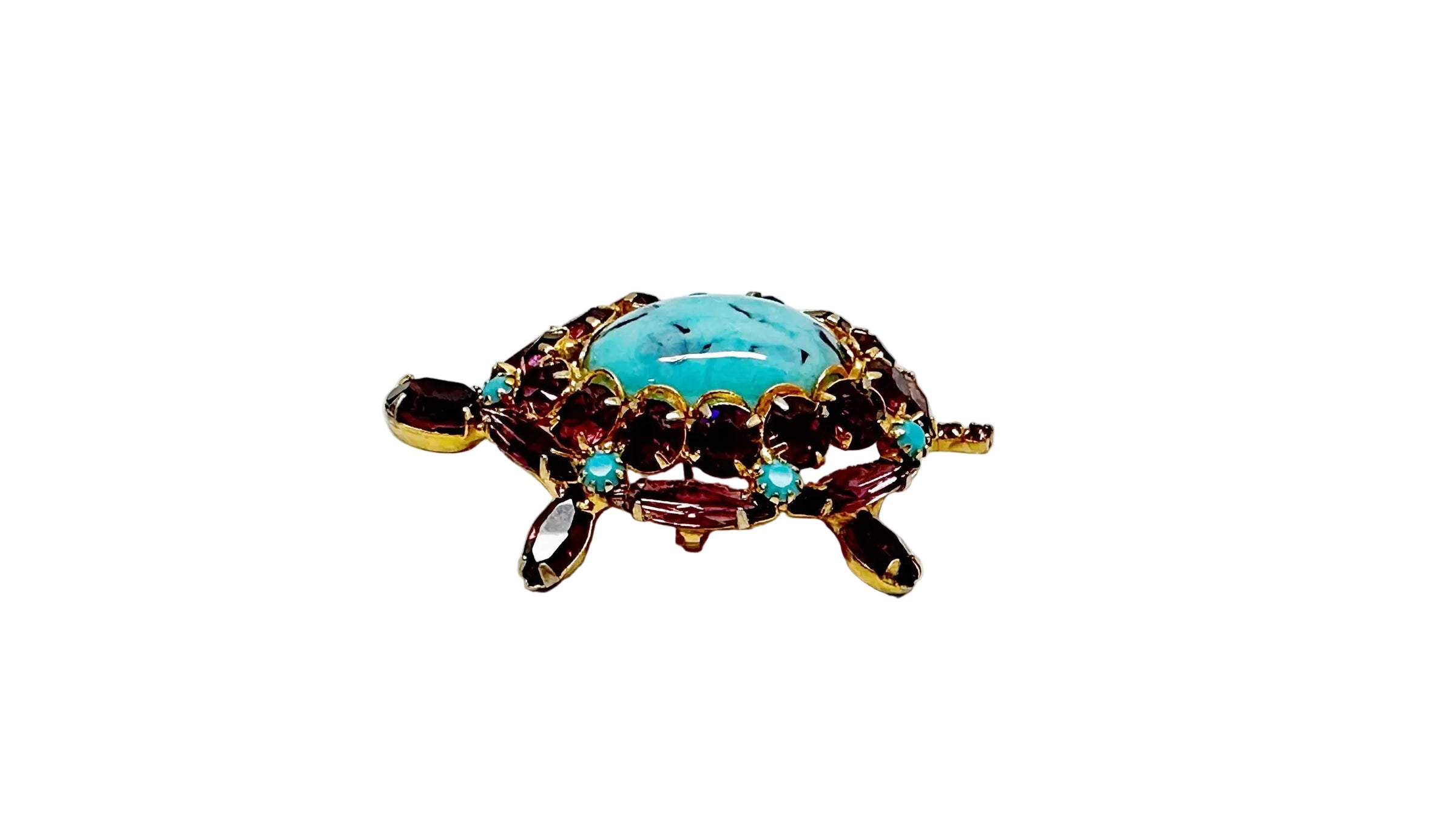 Alice Caviness Purple Rhinestone Faux Turquoise Turtle Brooch - Hers and His Treasures