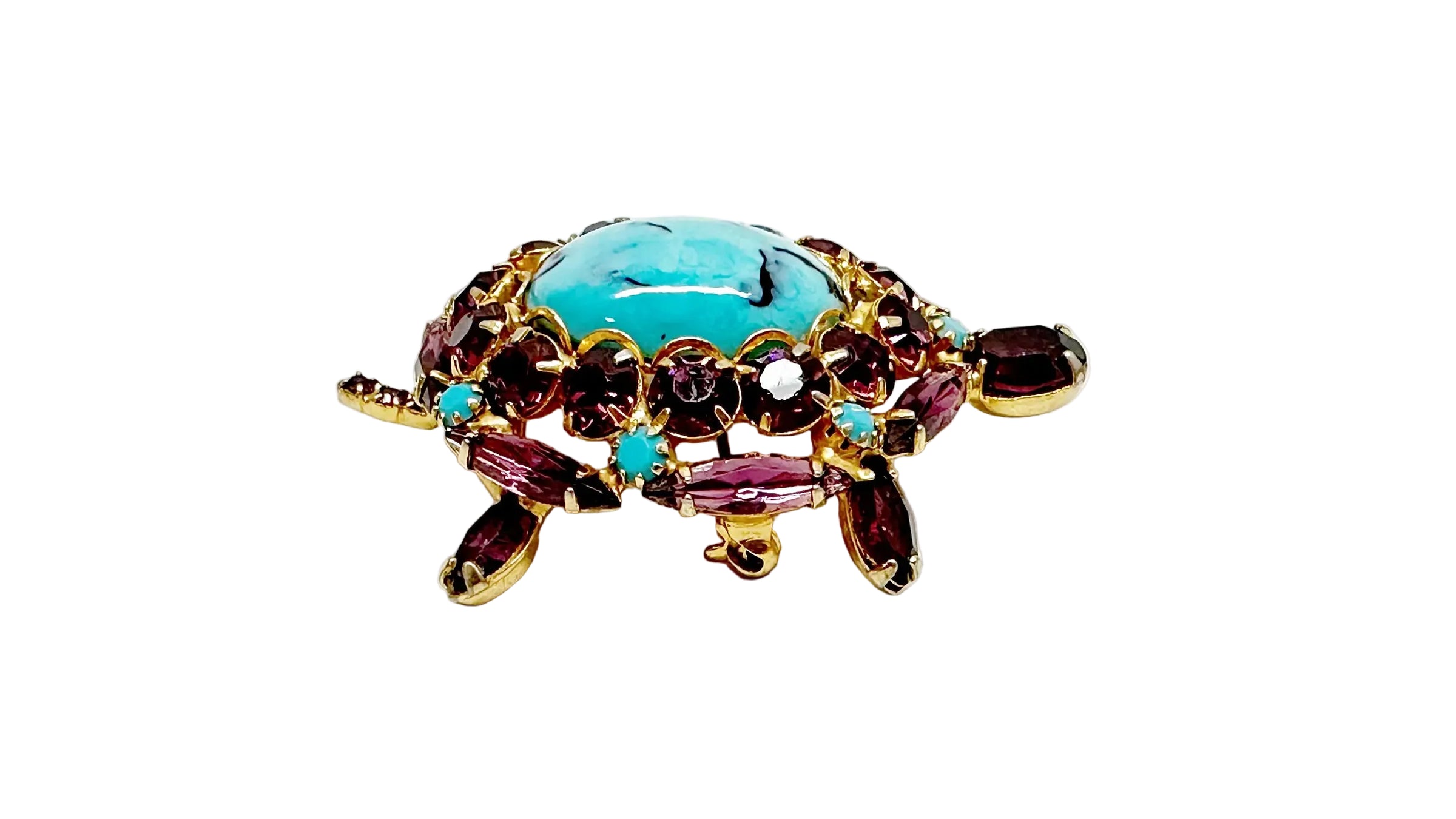 Alice Caviness Purple Rhinestone Faux Turquoise Turtle Brooch - Hers and His Treasures