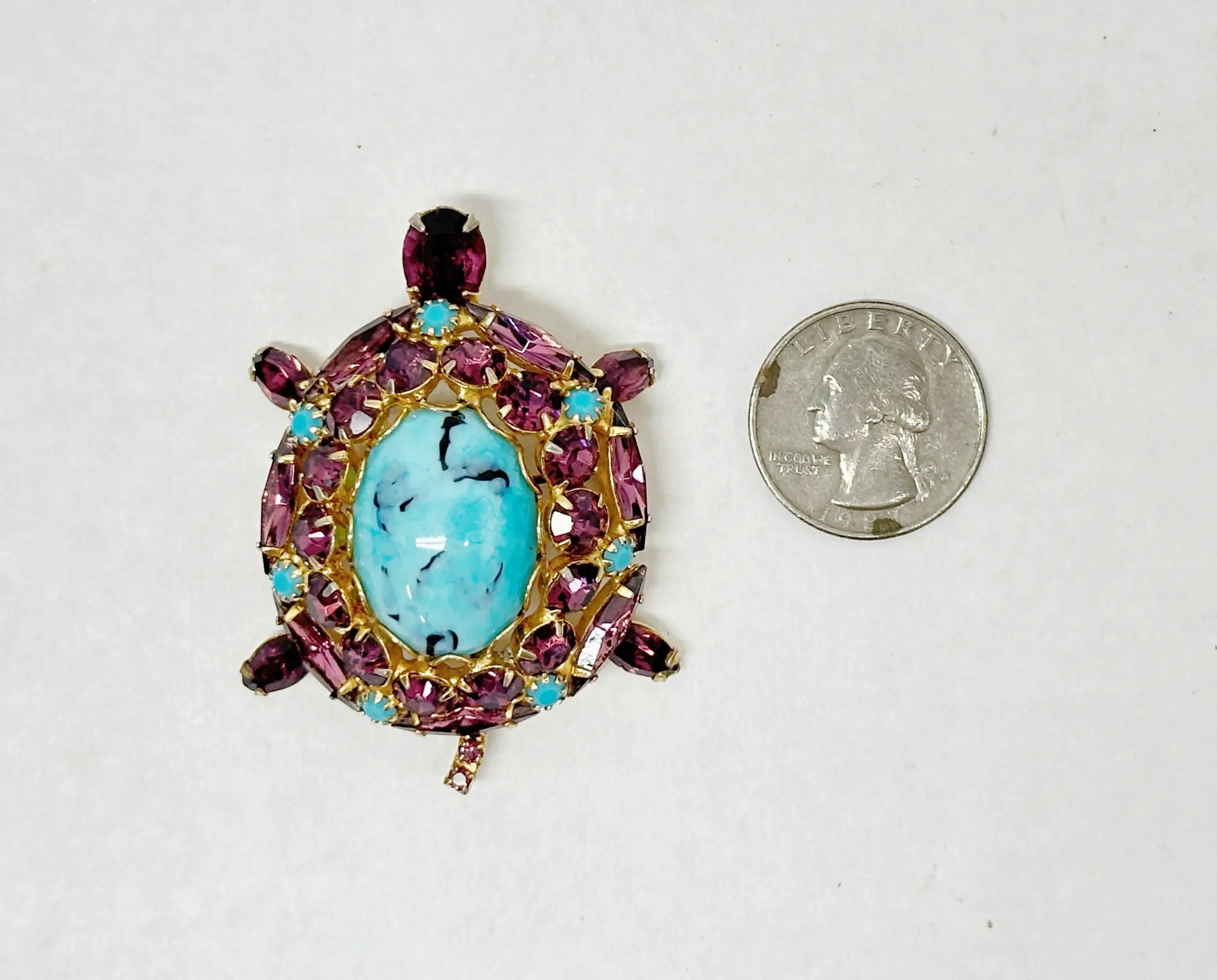 Alice Caviness Purple Rhinestone Faux Turquoise Turtle Brooch - Hers and His Treasures