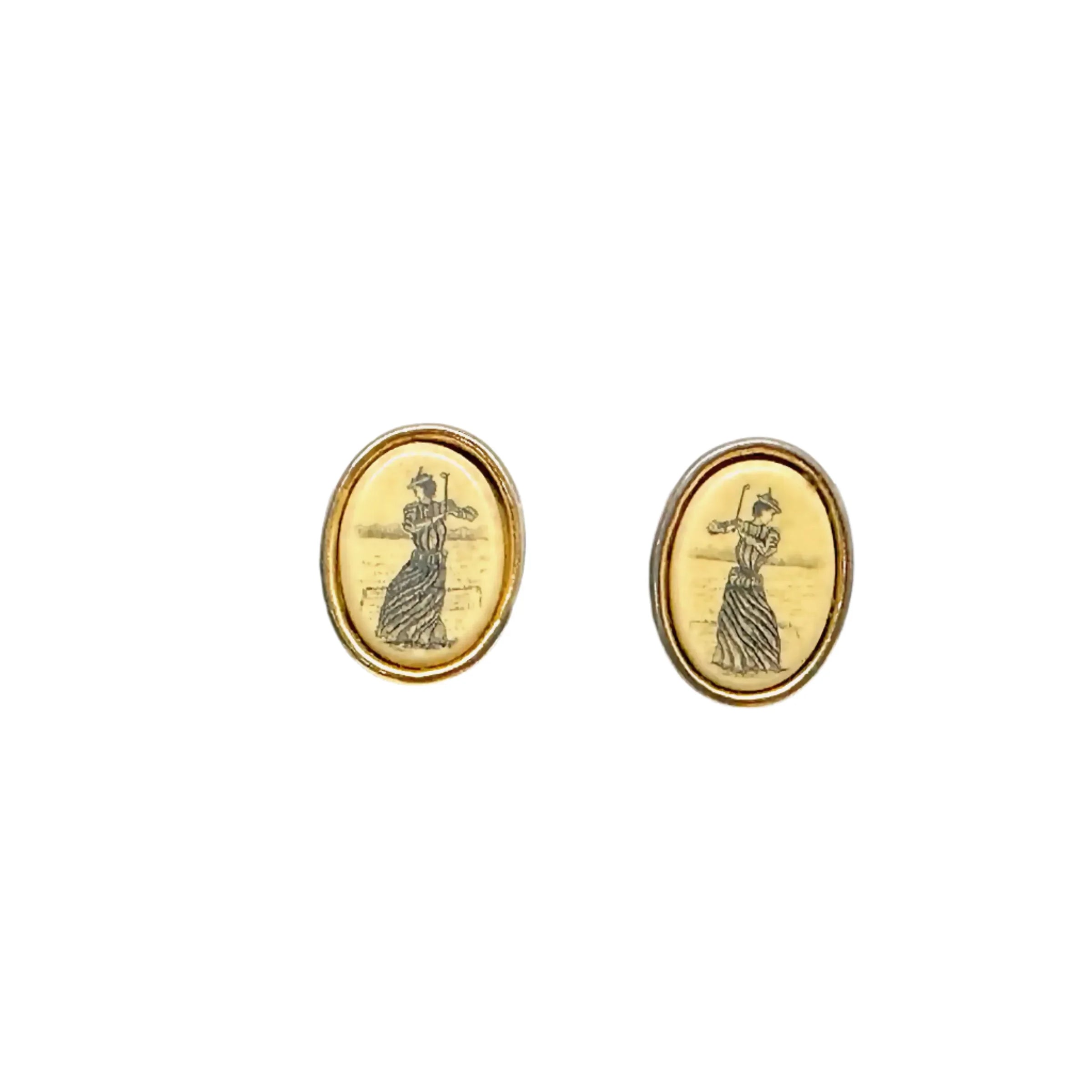 Vintage Barlow Victorian Woman Playing Golf Etched Post Earrings - Hers and His Treasures