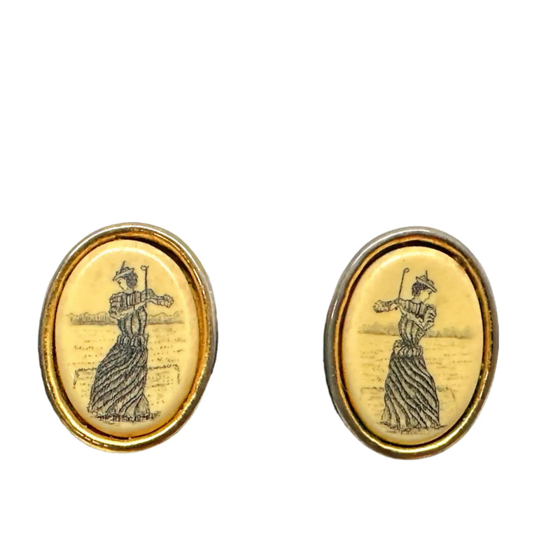 Vintage Barlow Victorian Woman Playing Golf Etched Post Earrings - Hers and His Treasures