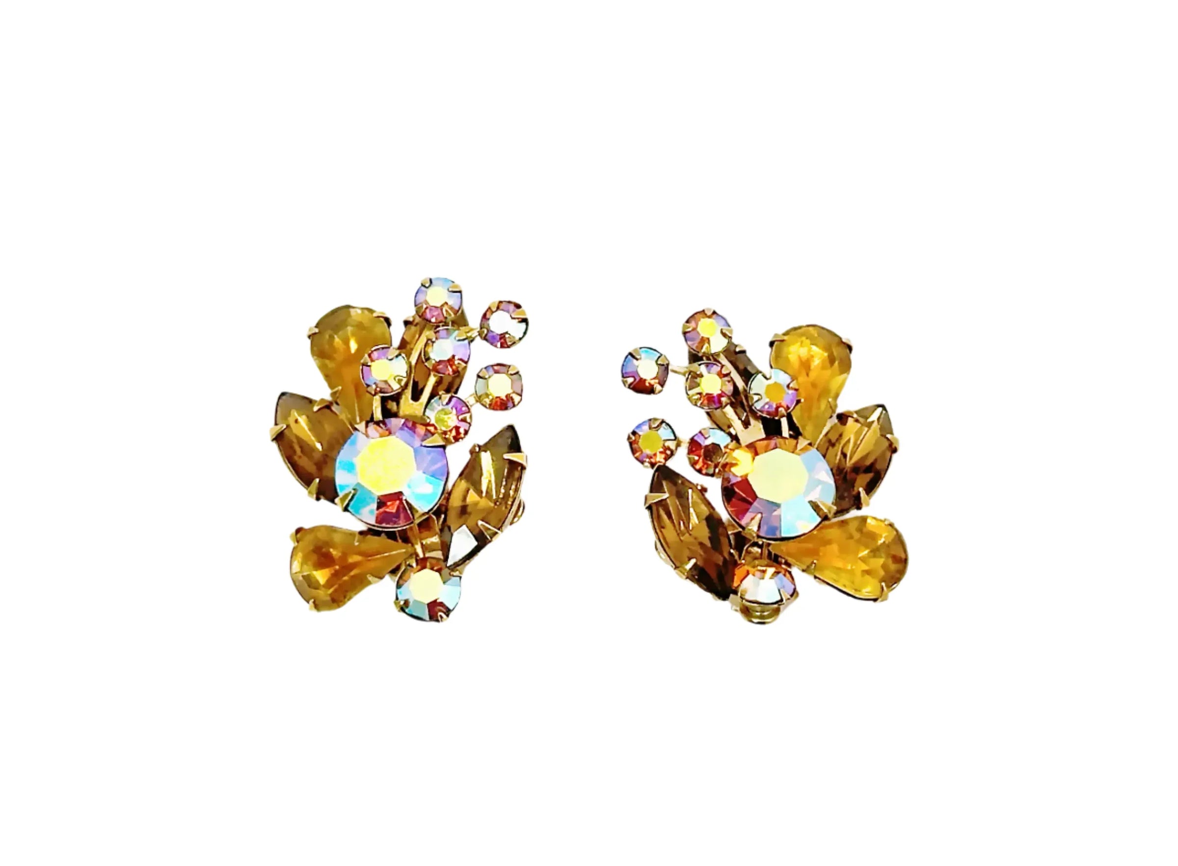 Vintage Beau Jewels Amber AB Rhinestone Clip-On Earrings - Hers and His Treasures