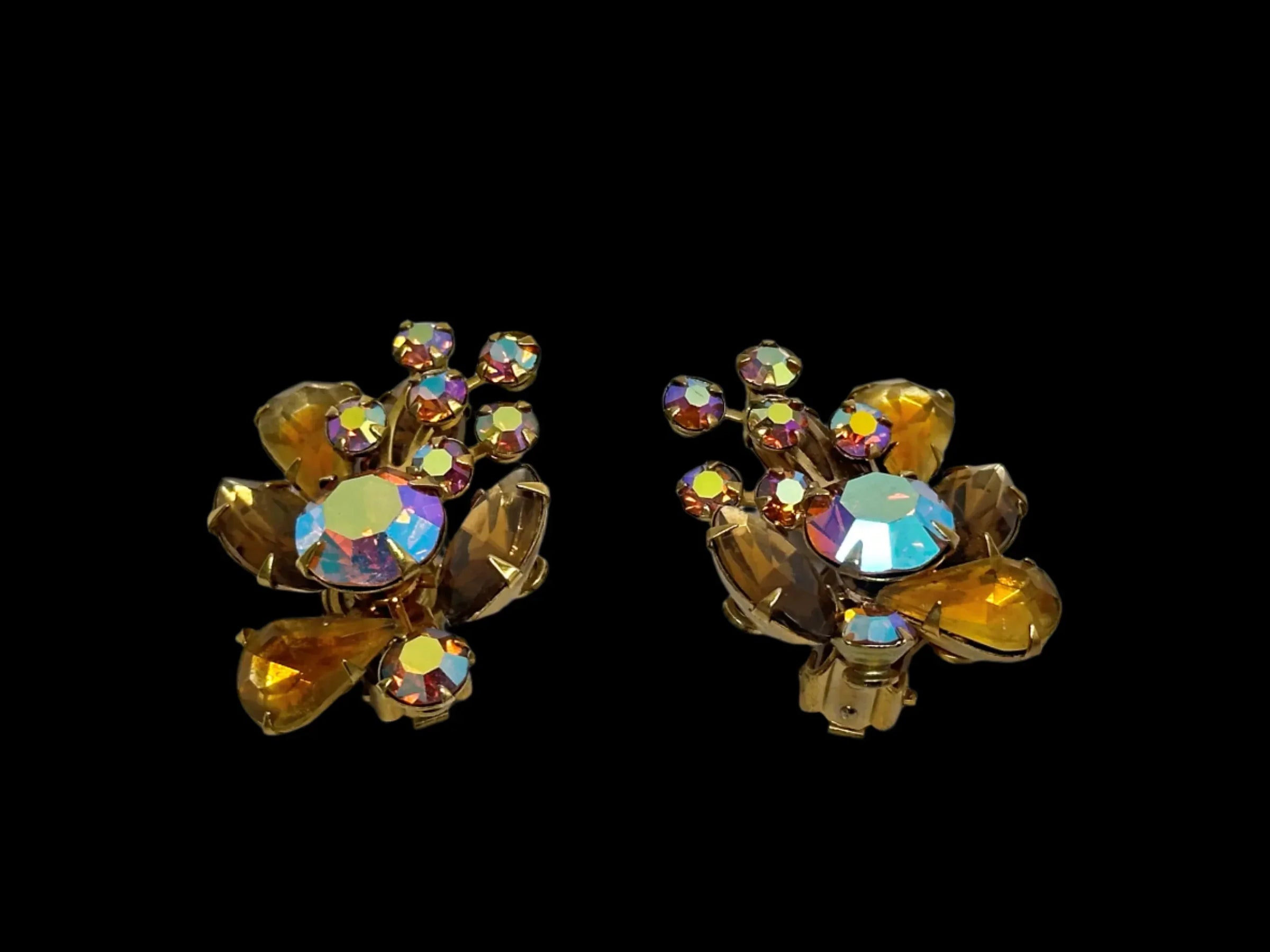 Vintage Beau Jewels Amber AB Rhinestone Clip-On Earrings - Hers and His Treasures