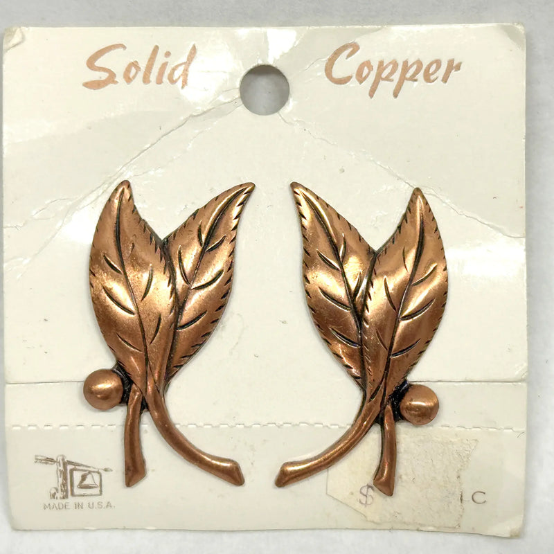 Vintage 1961-1972 Bell Trading Co. Solid Copper Double Leaf Clip-On Earrings - Hers and His Treasures