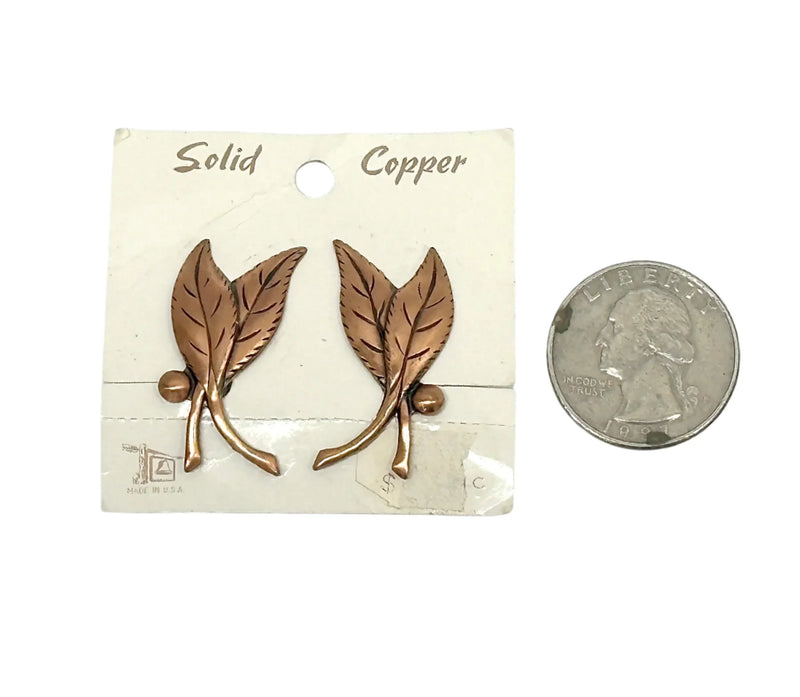 Vintage 1961-1972 Bell Trading Co. Solid Copper Double Leaf Clip-On Earrings - Hers and His Treasures