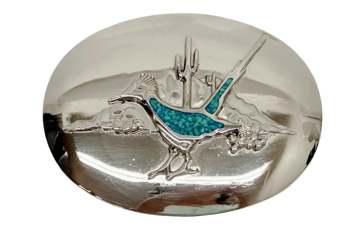 1972-1980 Bell Trading Turquoise Chip Road Runner Belt Buckle | USA