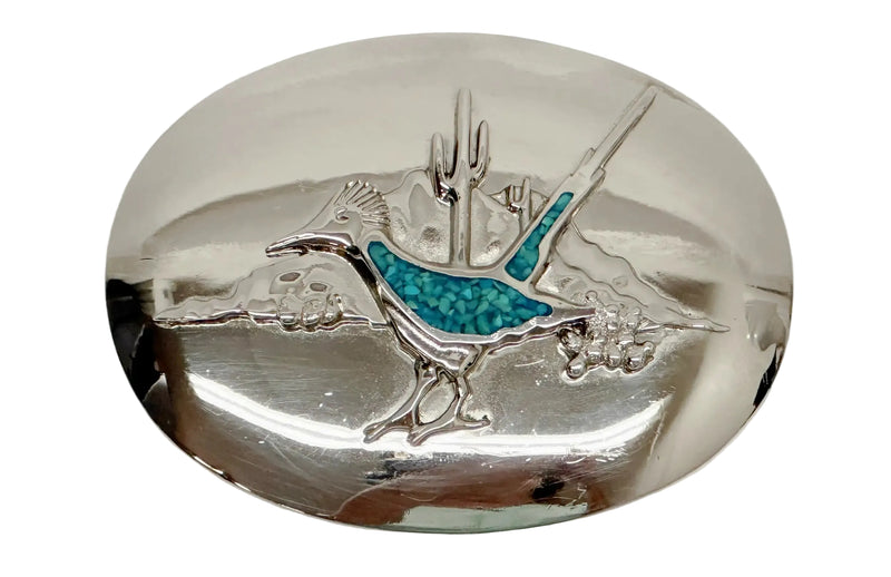 1972-1980 Bell Trading Turquoise Chip Road Runner Belt Buckle | USA