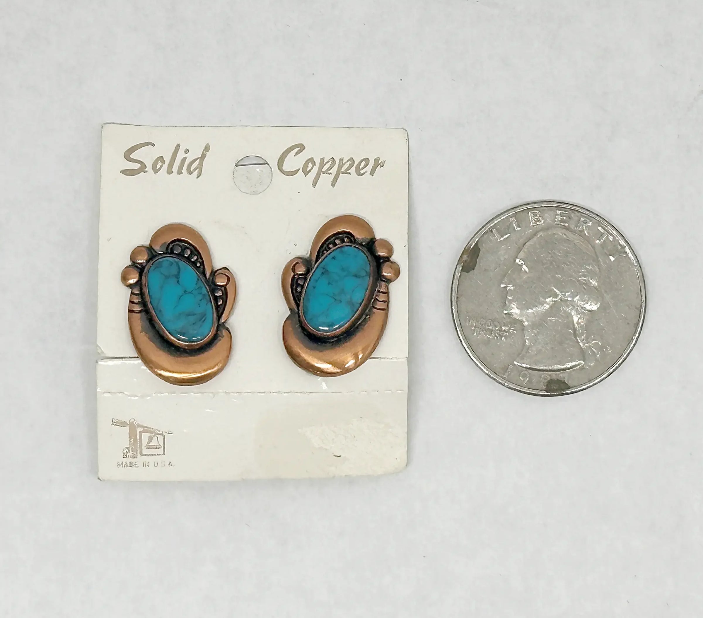 Vintage 1961-1972 Bell Trading Co. Solid Copper Turquoise Clip-On Earrings - Hers and His Treasures