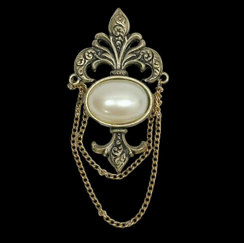 Bergére Fleur De Lis Faux Pearl Cabochon Gold Tone Brooch Pin - Hers and His Treasures