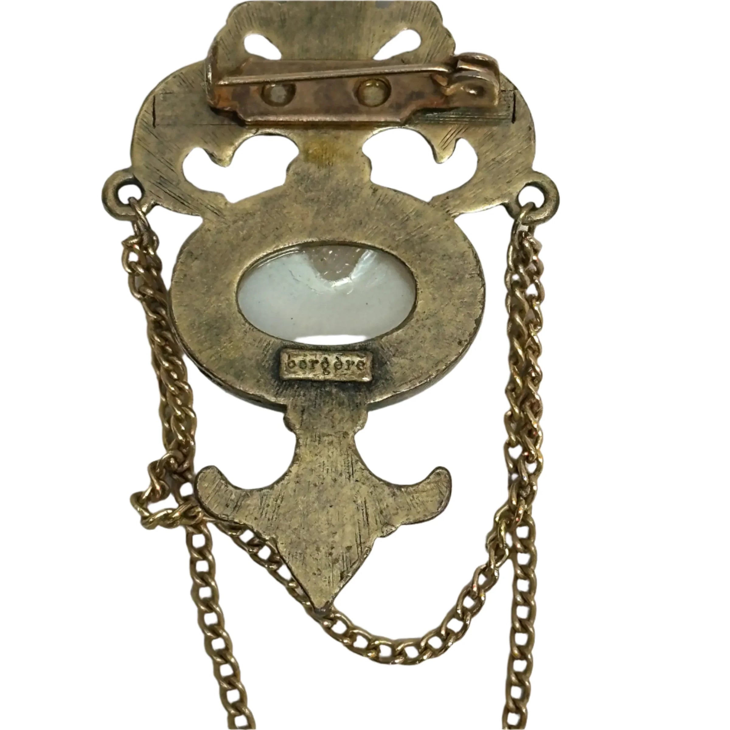 Bergére Fleur De Lis Faux Pearl Cabochon Gold Tone Brooch Pin - Hers and His Treasures