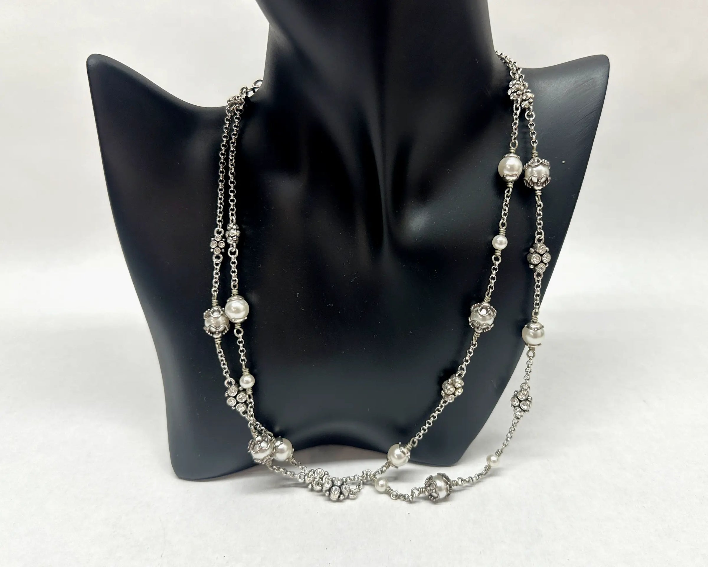 Retired Brighton ATMA Pearl Bead Crystal Silver Tone Double Strand Necklace - Hers and His Treasures