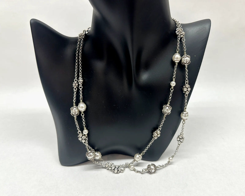 Retired Brighton ATMA Pearl Bead Crystal Silver Tone Double Strand Necklace - Hers and His Treasures