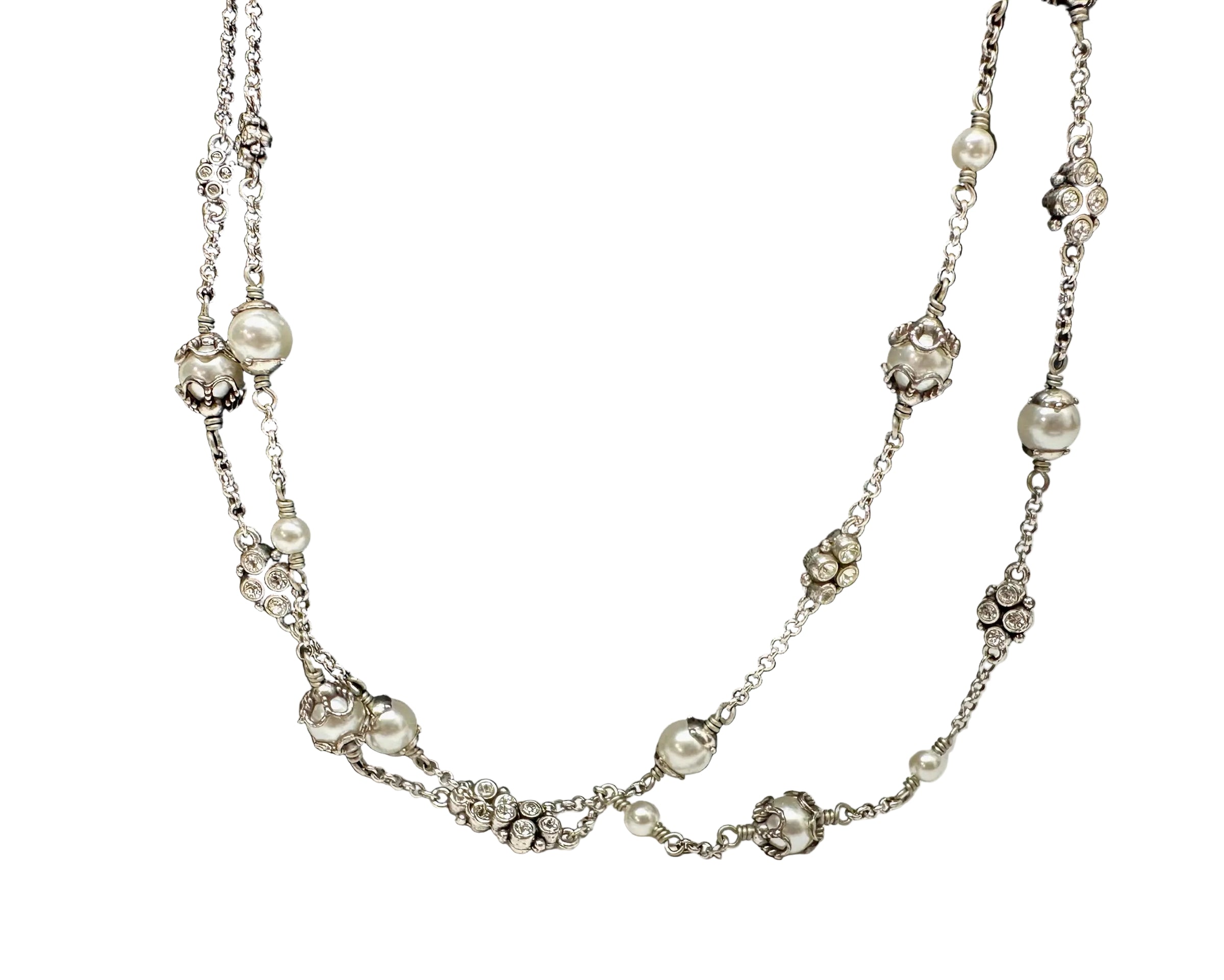 Retired Brighton ATMA Pearl Bead Crystal Silver Tone Double Strand Necklace - Hers and His Treasures