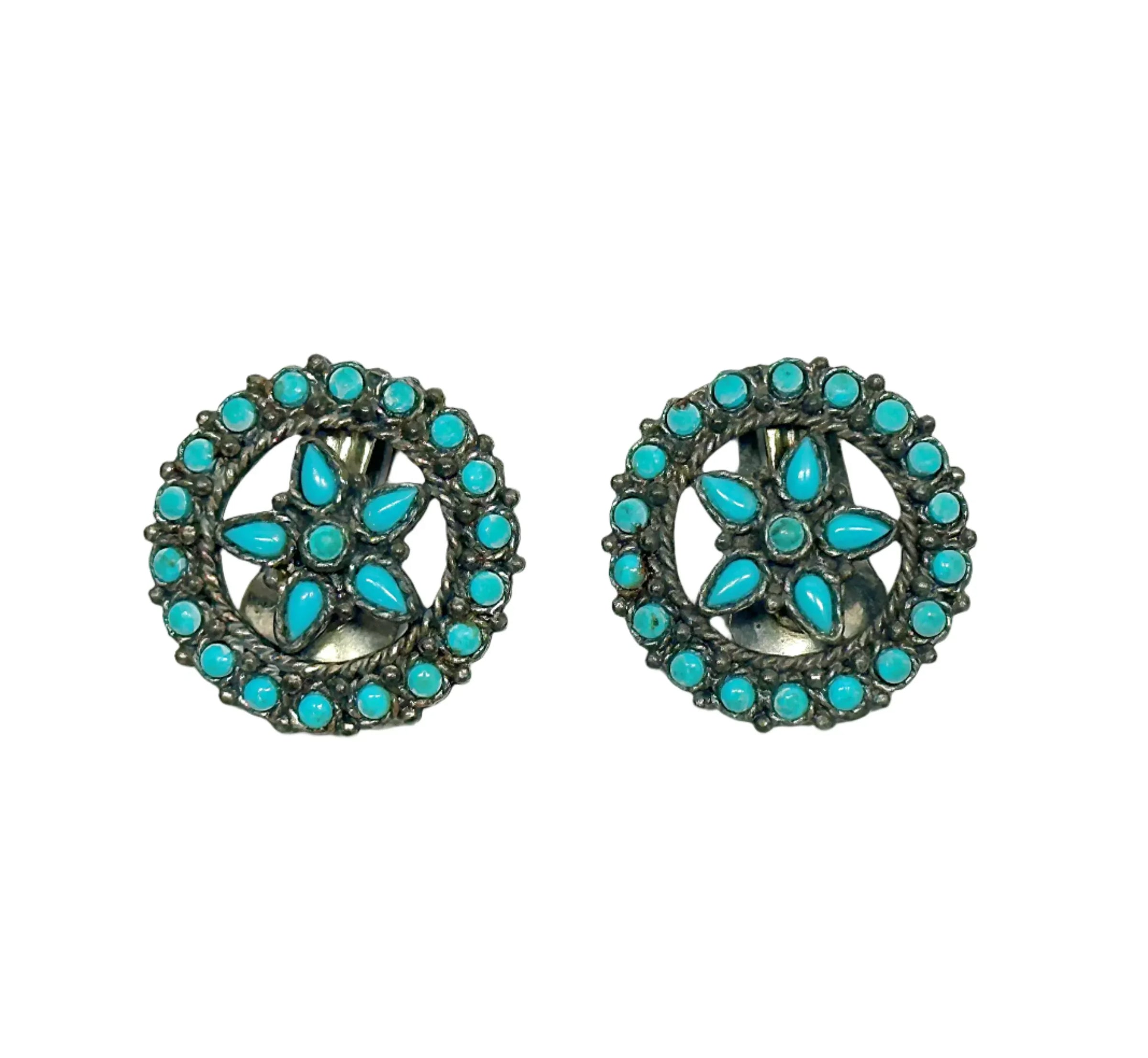 Cancrest Petit Point Faux Turquoise Silver Tone Clip-On Earrings - Hers and His Treasures