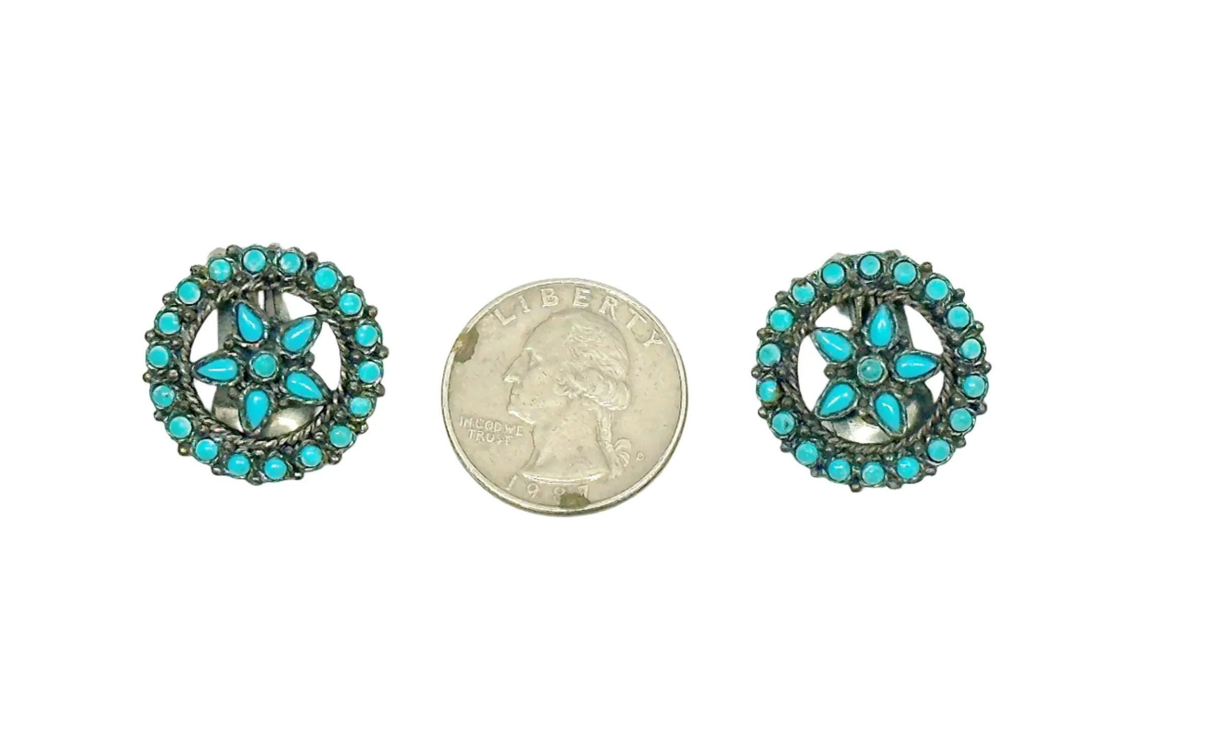 Cancrest Petit Point Faux Turquoise Silver Tone Clip-On Earrings - Hers and His Treasures