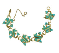 Coro Gold Tone Blue Enamel Leaf Link Bracelet - Hers and His Treasures