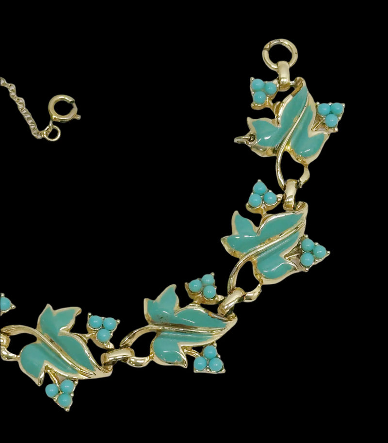 Coro Gold Tone Blue Enamel Leaf Link Bracelet - Hers and His Treasures