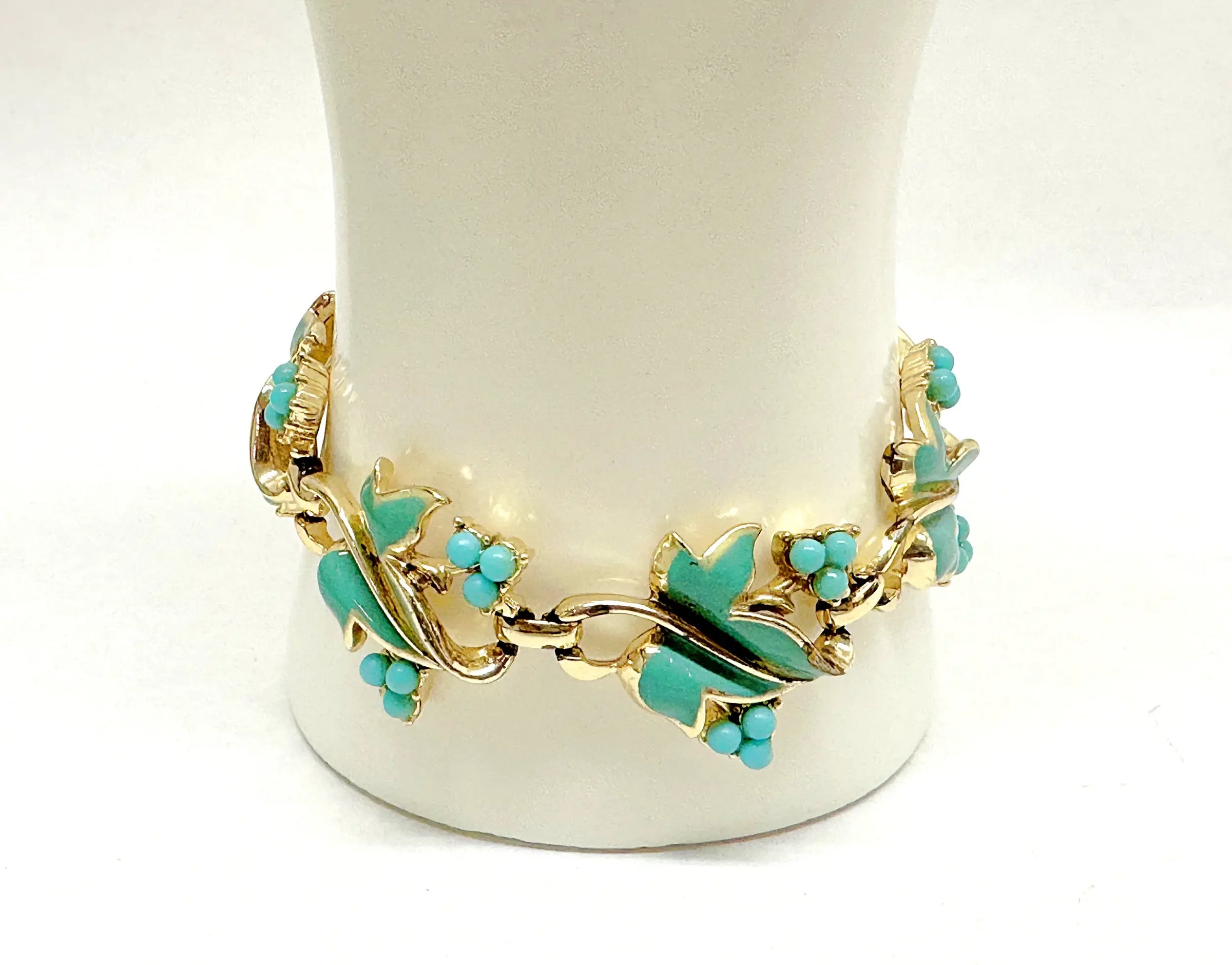 Coro Gold Tone Blue Enamel Leaf Link Bracelet - Hers and His Treasures