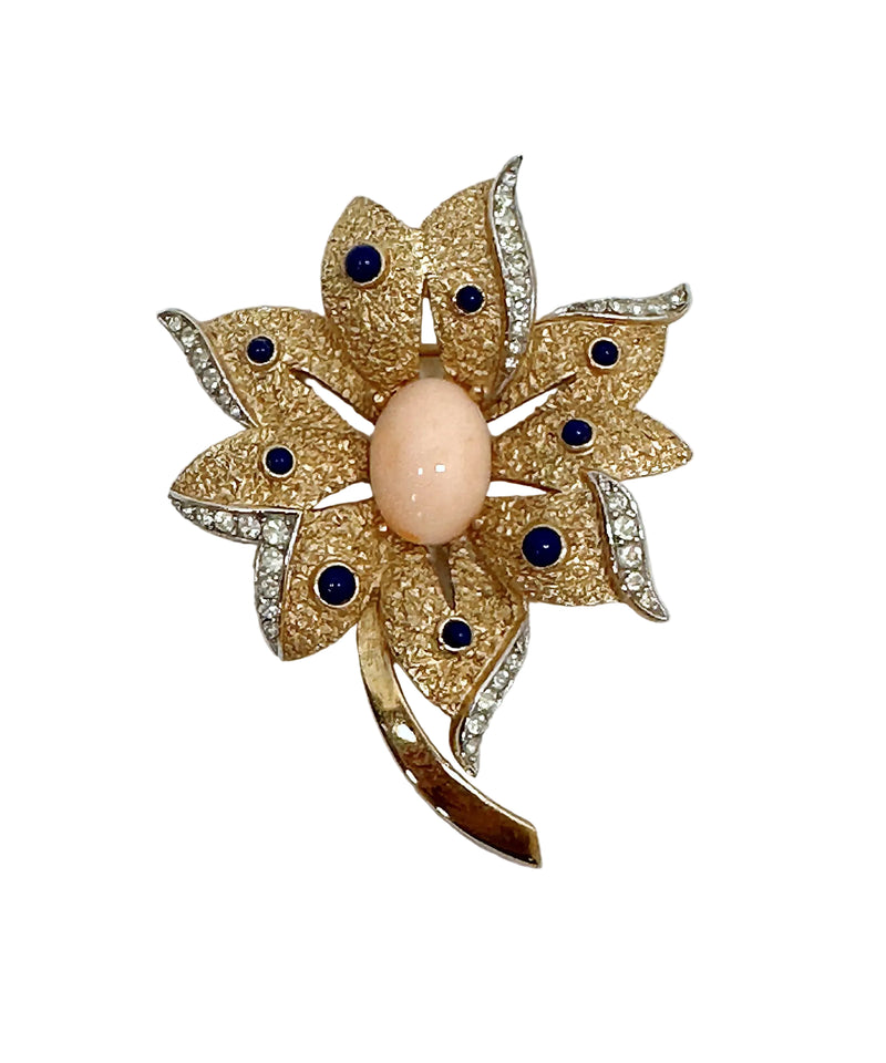 1960's Crown Trifari Coral Lapis Gold Tone Flower Brooch - Hers and His Treasures