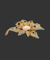 1960's Crown Trifari Coral Lapis Gold Tone Flower Brooch - Hers and His Treasures