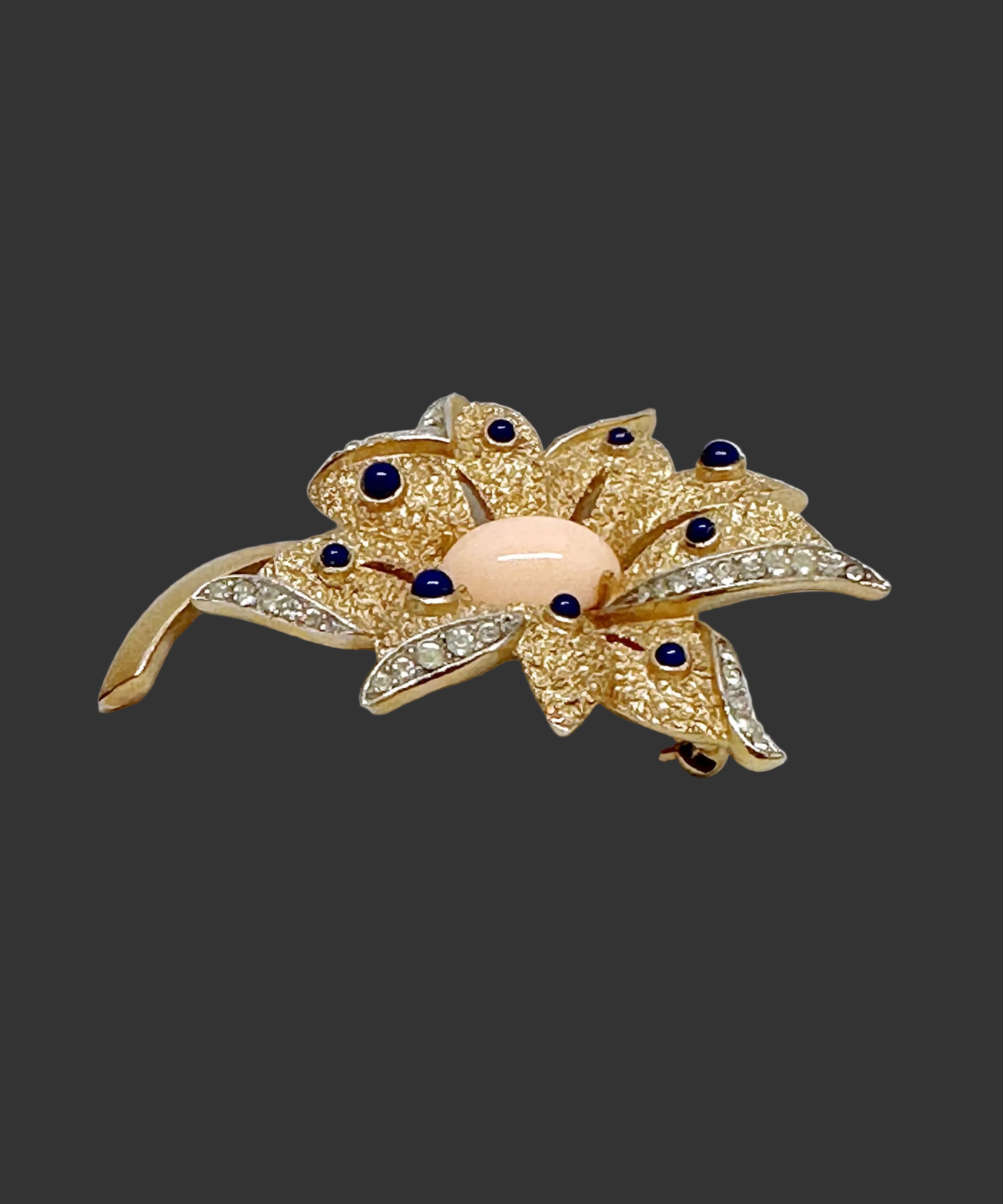 1960's Crown Trifari Coral Lapis Gold Tone Flower Brooch - Hers and His Treasures