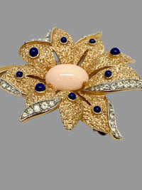 1960's Crown Trifari Coral Lapis Gold Tone Flower Brooch - Hers and His Treasures