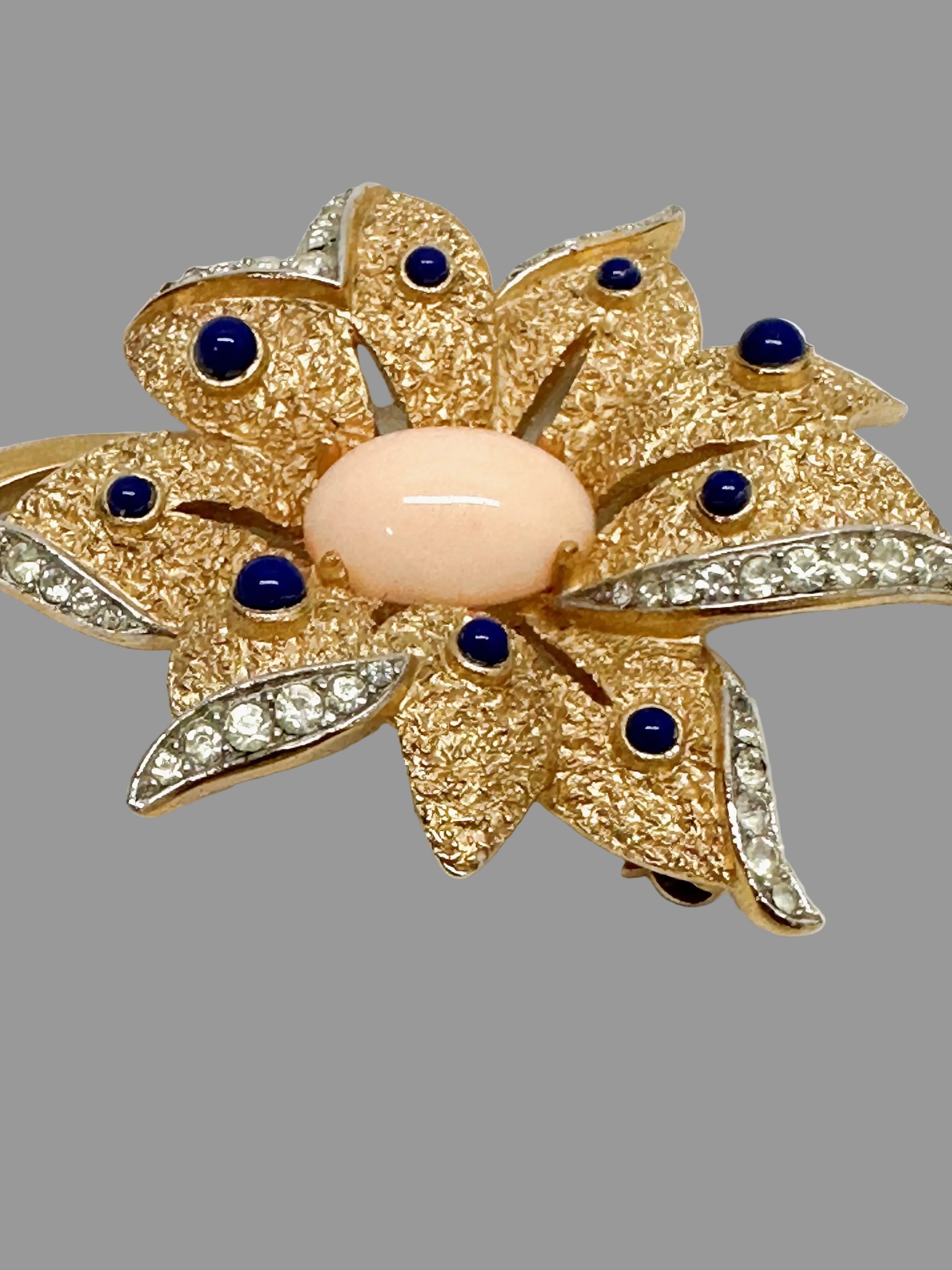 1960's Crown Trifari Coral Lapis Gold Tone Flower Brooch - Hers and His Treasures