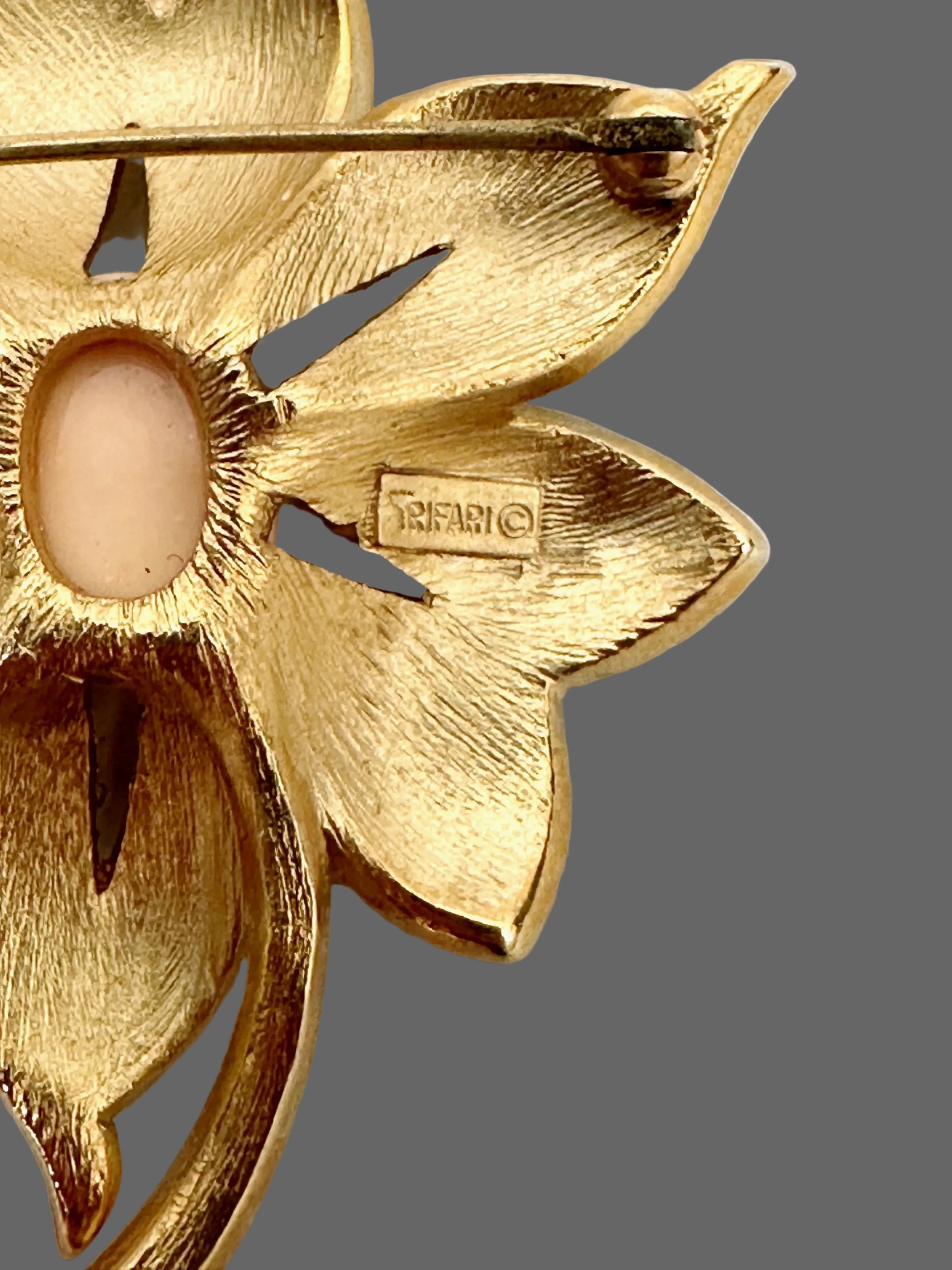 1960's Crown Trifari Coral Lapis Gold Tone Flower Brooch - Hers and His Treasures