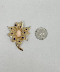 1960's Crown Trifari Coral Lapis Gold Tone Flower Brooch - Hers and His Treasures