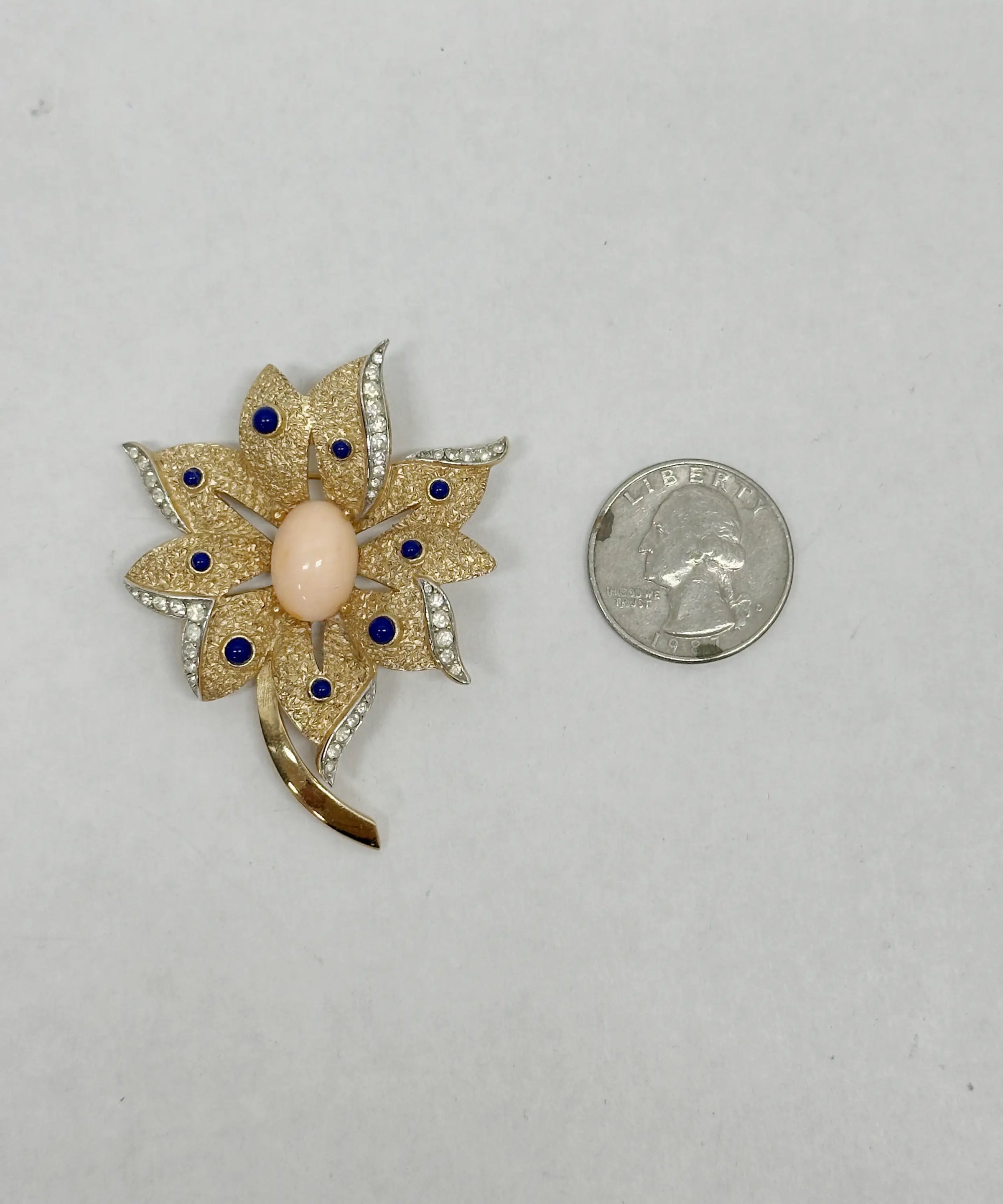 1960's Crown Trifari Coral Lapis Gold Tone Flower Brooch - Hers and His Treasures