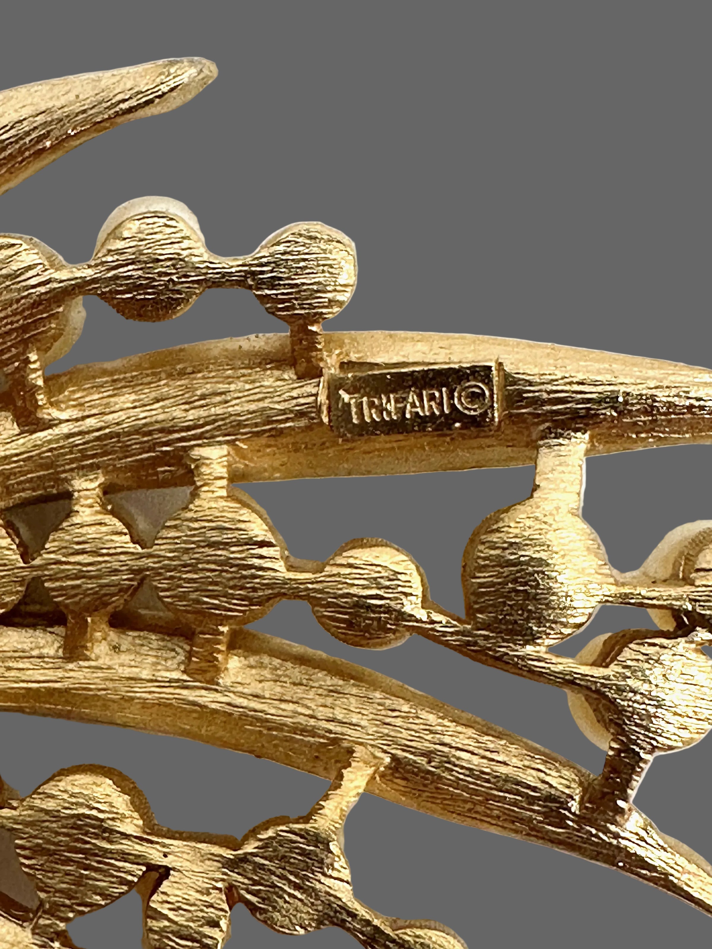 Mid-Century Crown Trifari Gold Tone Faux Pearl Leaf Spray Brooch - Hers and His Treasures