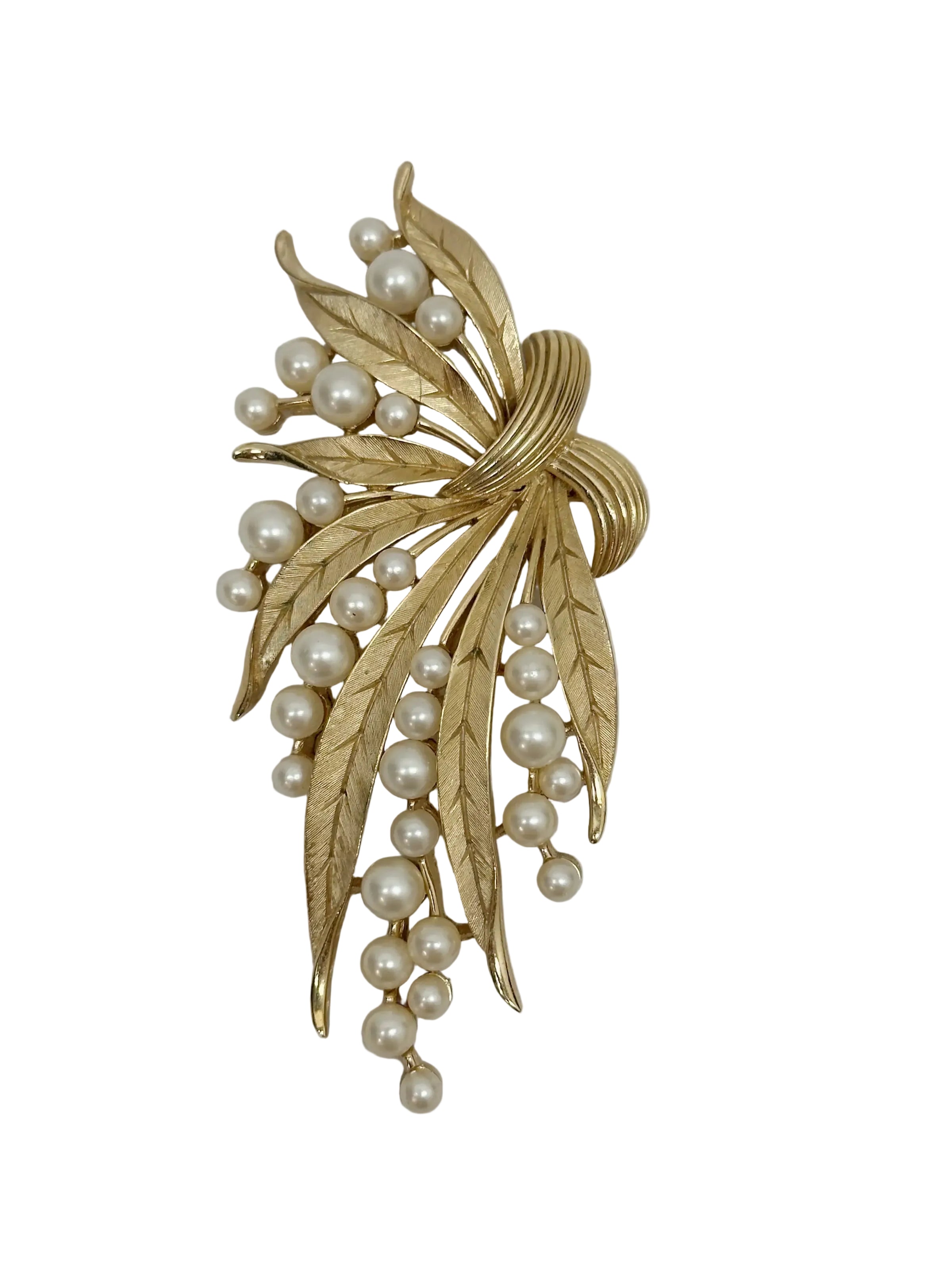 Mid-Century Crown Trifari Gold Tone Faux Pearl Leaf Spray Brooch - Hers and His Treasures