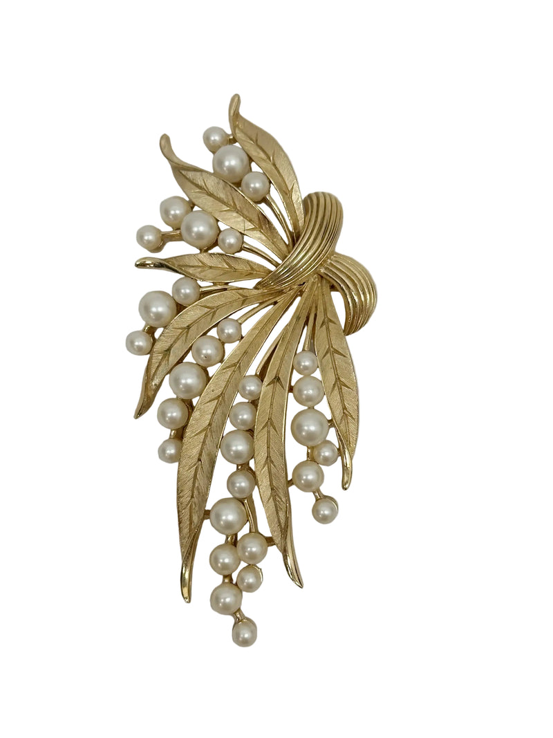 Mid-Century Crown Trifari Gold Tone Faux Pearl Leaf Spray Brooch - Hers and His Treasures