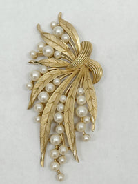 Mid-Century Crown Trifari Gold Tone Faux Pearl Leaf Spray Brooch - Hers and His Treasures