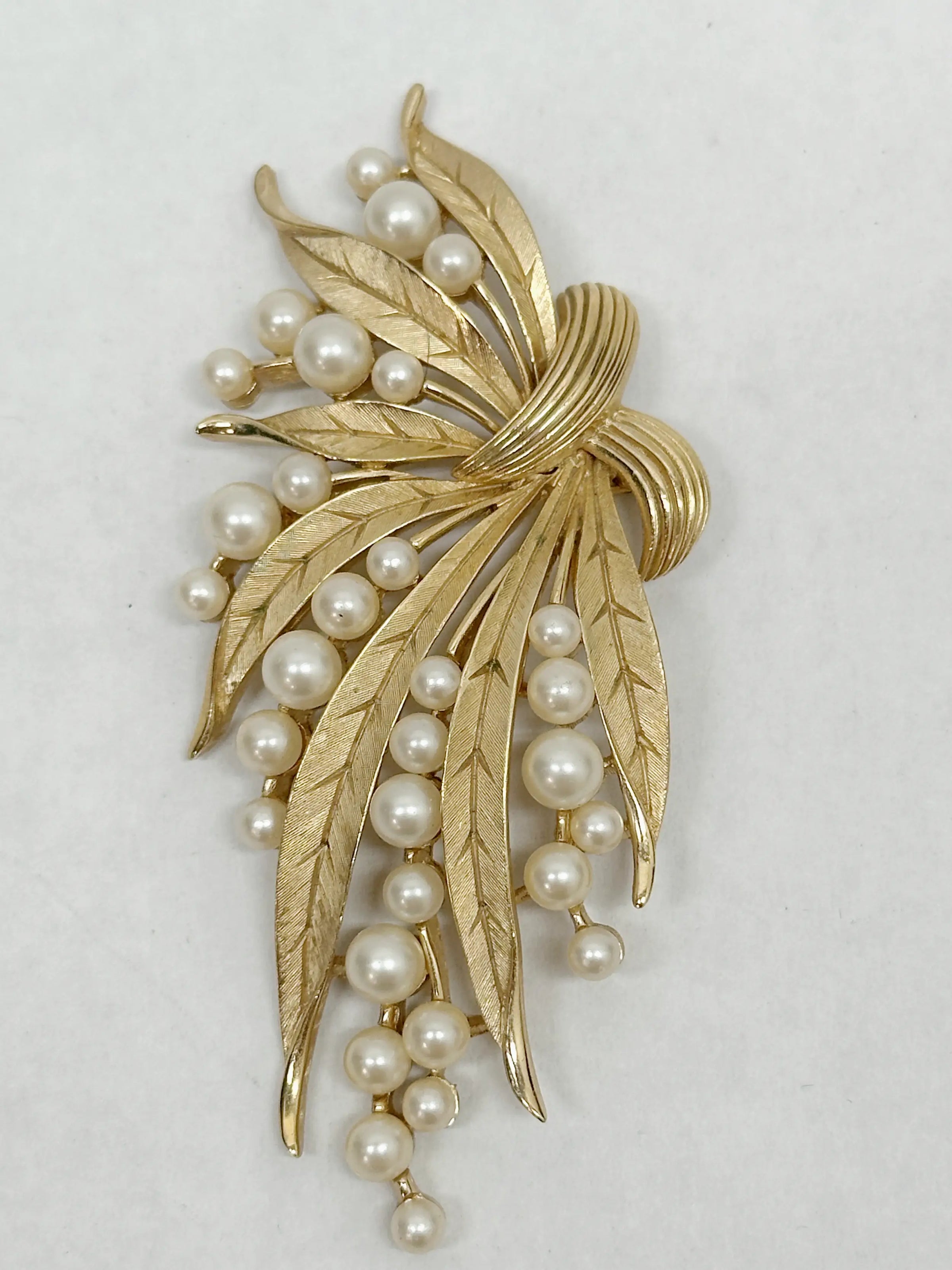 Mid-Century Crown Trifari Gold Tone Faux Pearl Leaf Spray Brooch - Hers and His Treasures