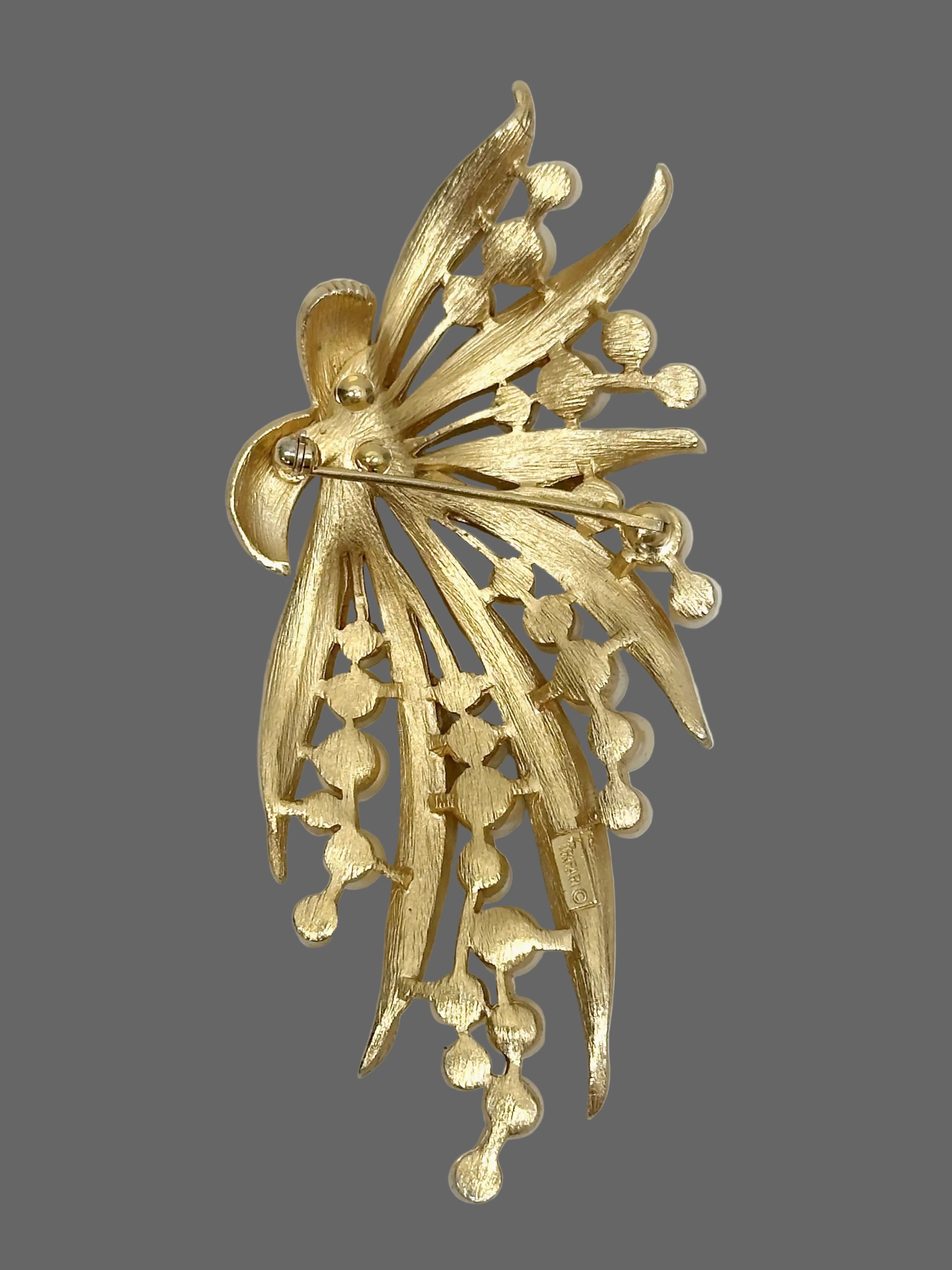 Mid-Century Crown Trifari Gold Tone Faux Pearl Leaf Spray Brooch - Hers and His Treasures