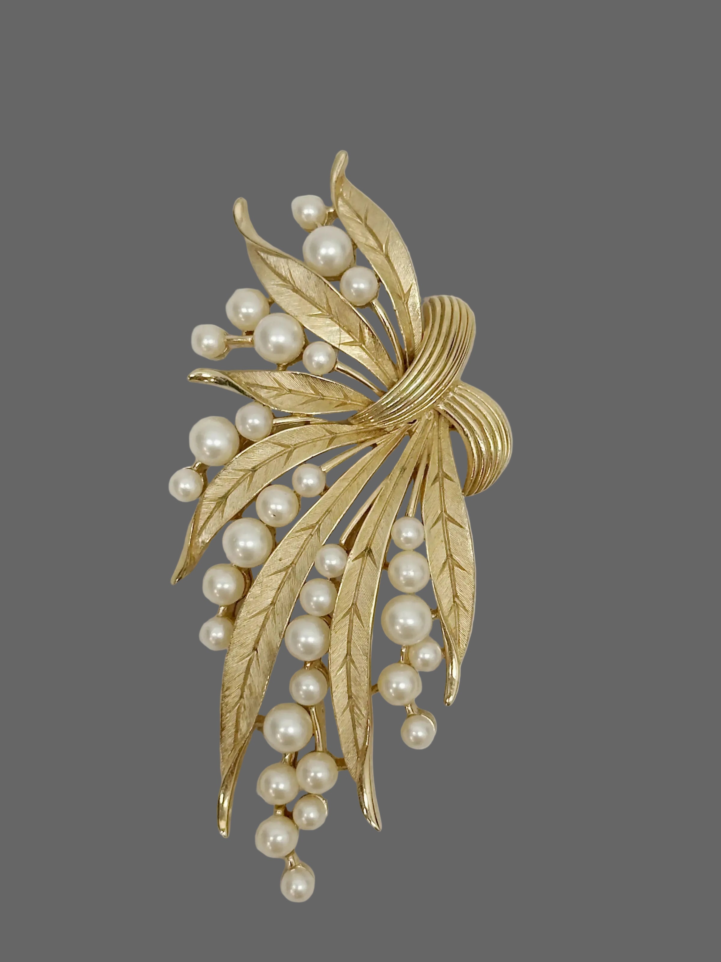 Mid-Century Crown Trifari Gold Tone Faux Pearl Leaf Spray Brooch - Hers and His Treasures