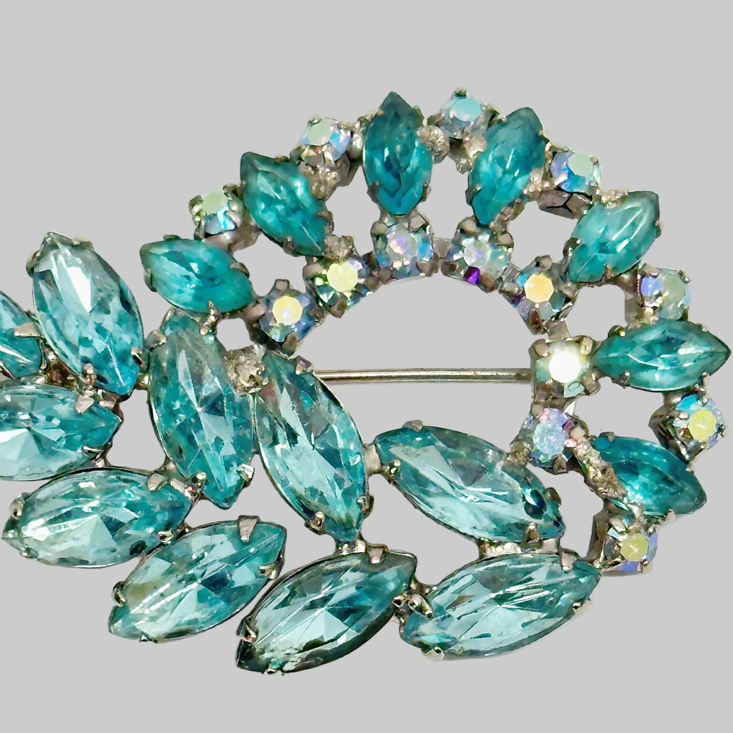 Vintage Eisenburg Ice Swirl Aquamarine AB Rhinestone Brooch ~ Hers and His Treasures