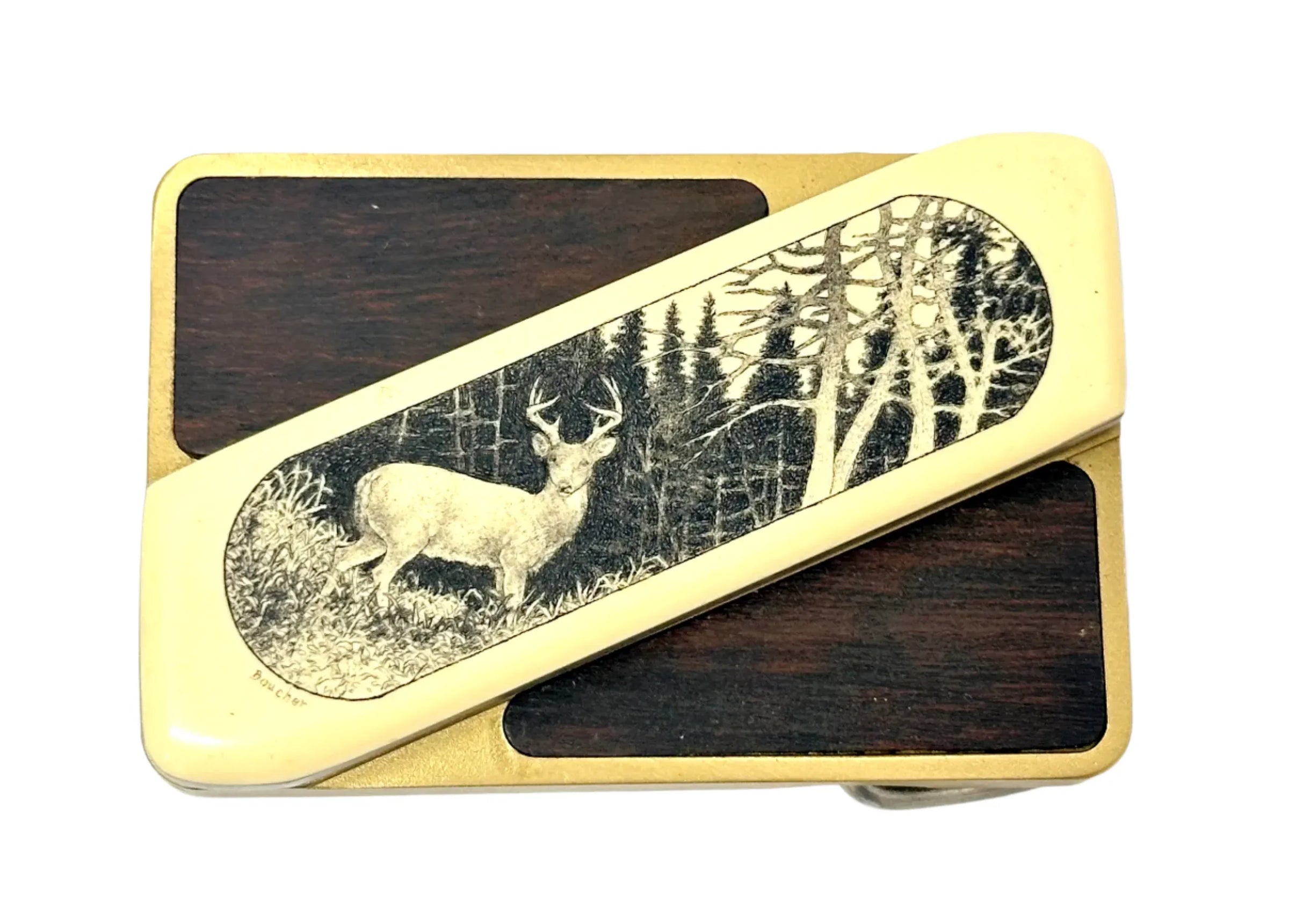 Gerber Touché Whitetail Deer Wood Inlay Belt Buckle Knife | USA - Hers and His Treasures