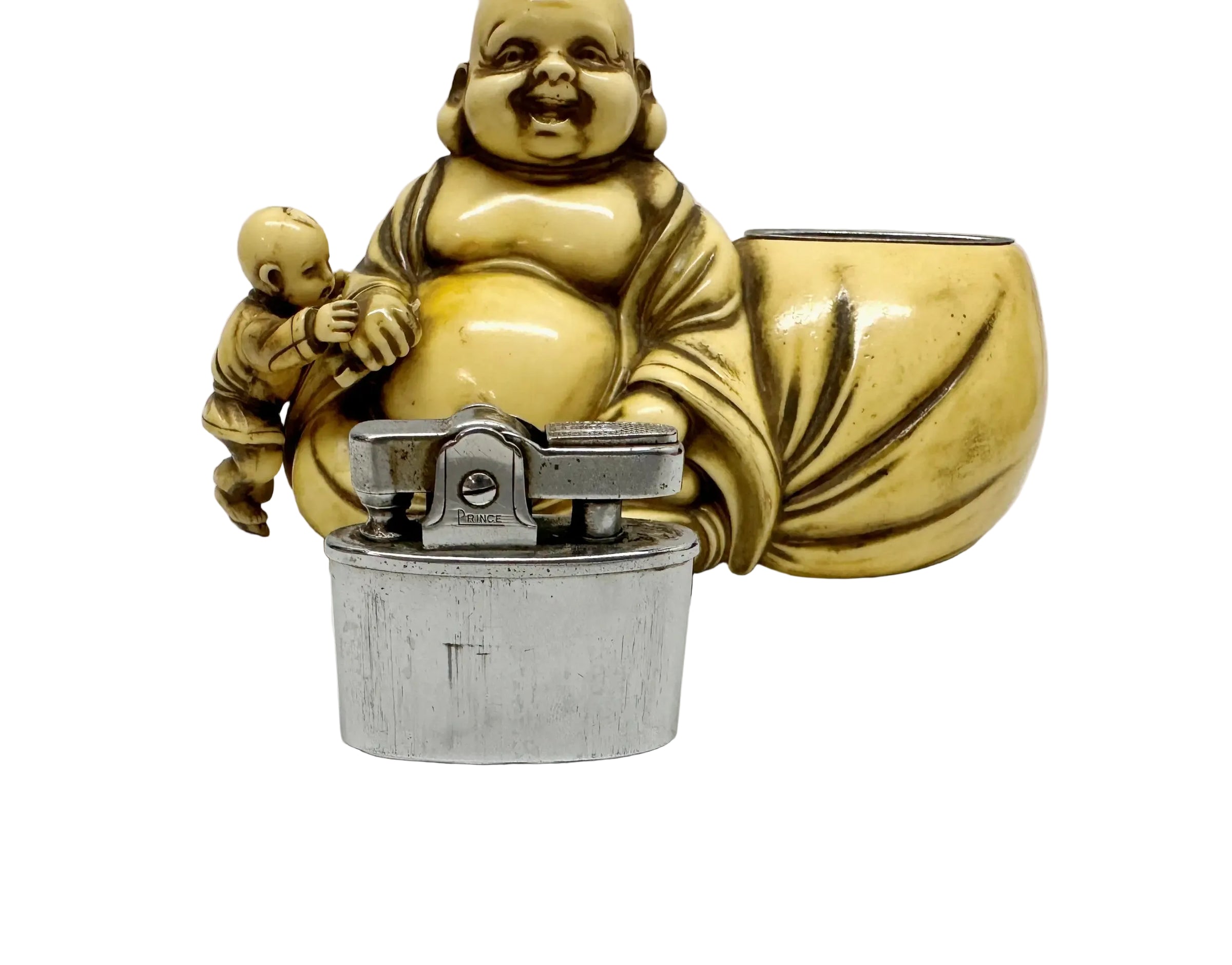1950's Prince Hotei God Buddha and Child Celluloid Table Lighter - Hers and His Treasures
