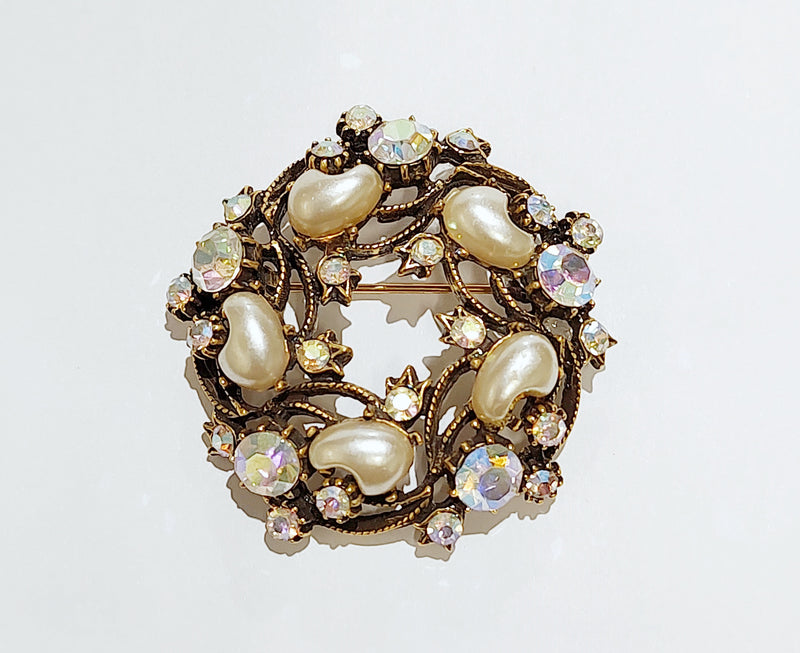 Vintage Florenza AB Rhinestone and Faux Pearl Brooch Pin – Hers
