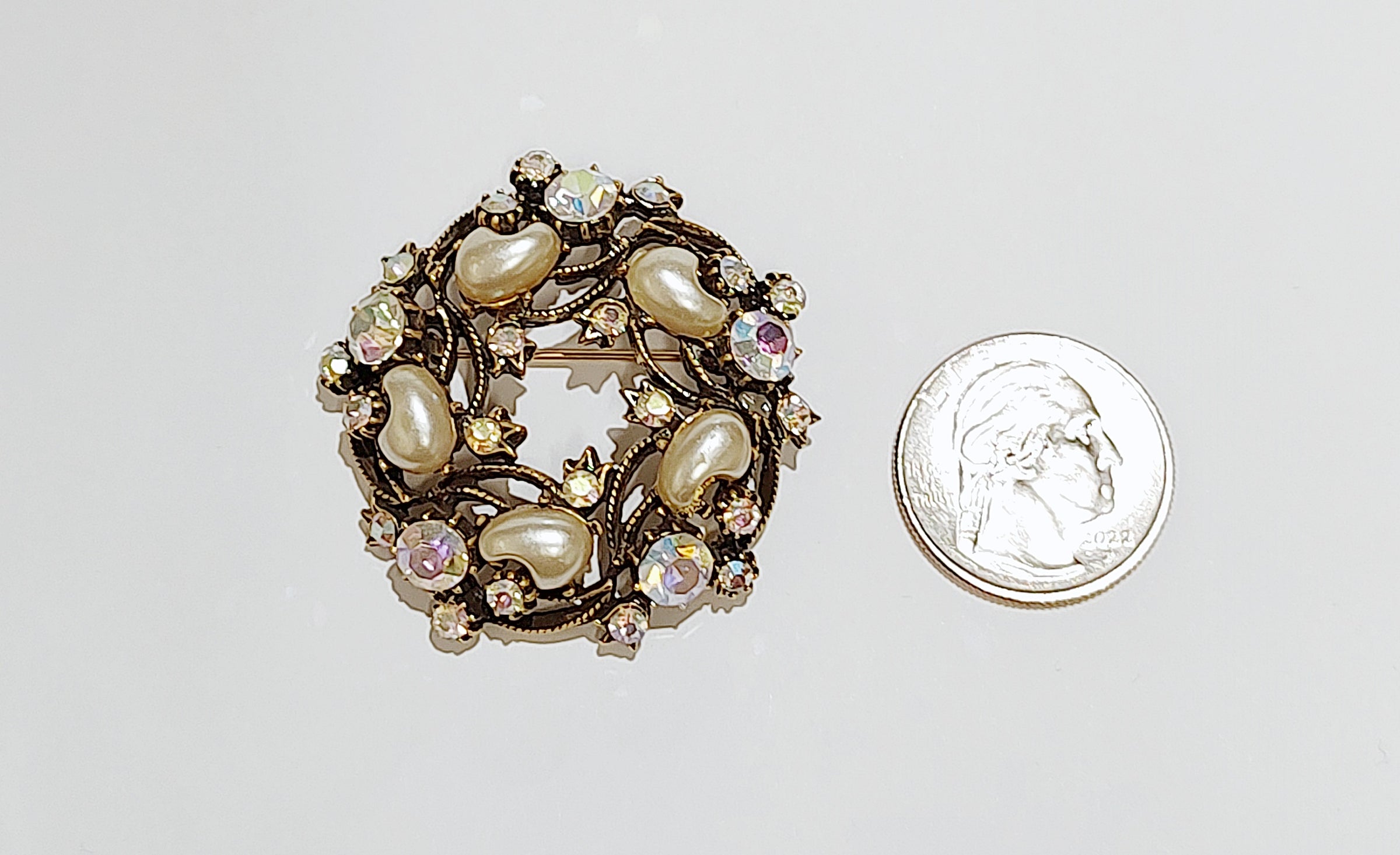 Vintage Florenza AB Rhinestone and Faux Pearl Brooch Pin - Hers and His Treasures
