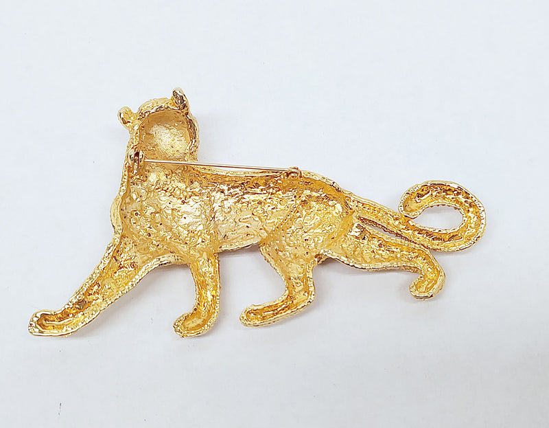 Large Gold Tone Panther Brooch with Rhinestones and Green Eyes - Hers and His Treasures