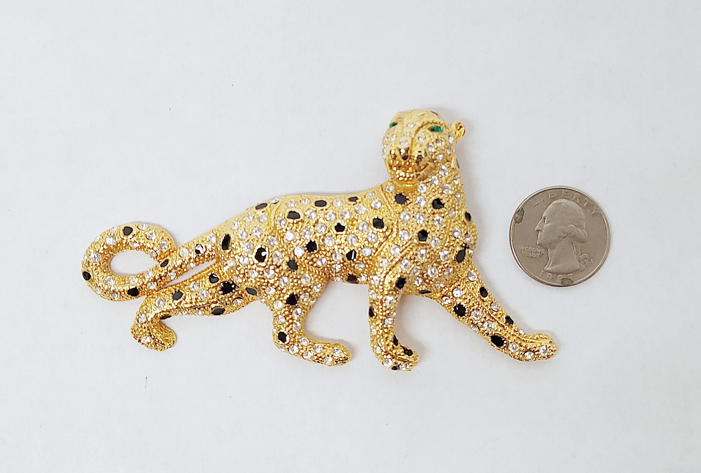 Large Gold Tone Panther Brooch with Rhinestones and Green Eyes - Hers and His Treasures